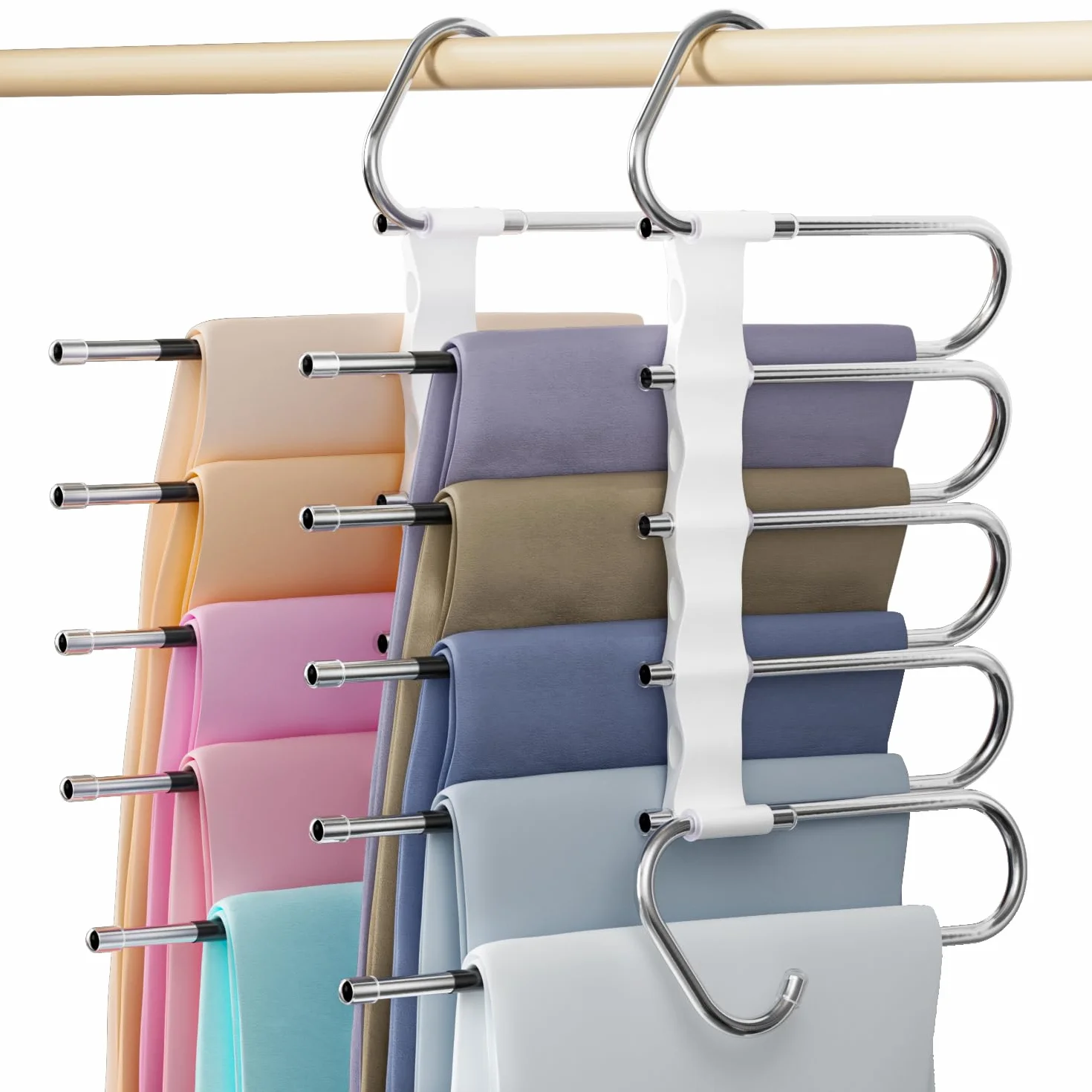 DAMITA Perchas Pantalones 5 en 1 Acero Inoxidable Extensible Antideslizantes 2 Piezas Blanco