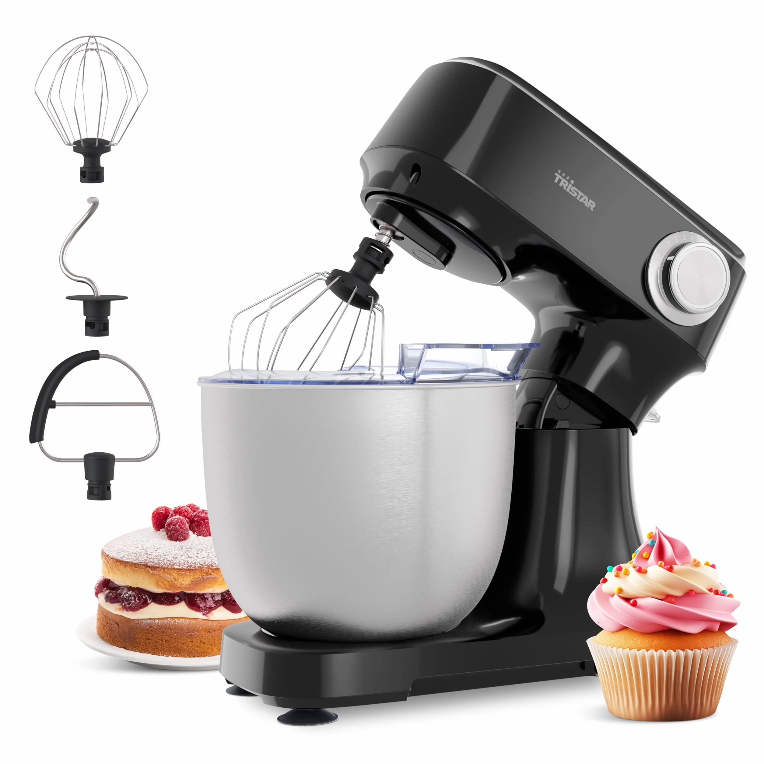 Robot de Cocina Tristar con Bol de Acero Inoxidable de 4,5 L, Potencia de 800 W, 12 Velocidades con Función Pulso, Cabezal Inclinable, Protector Antisalpicaduras, MX-4870
