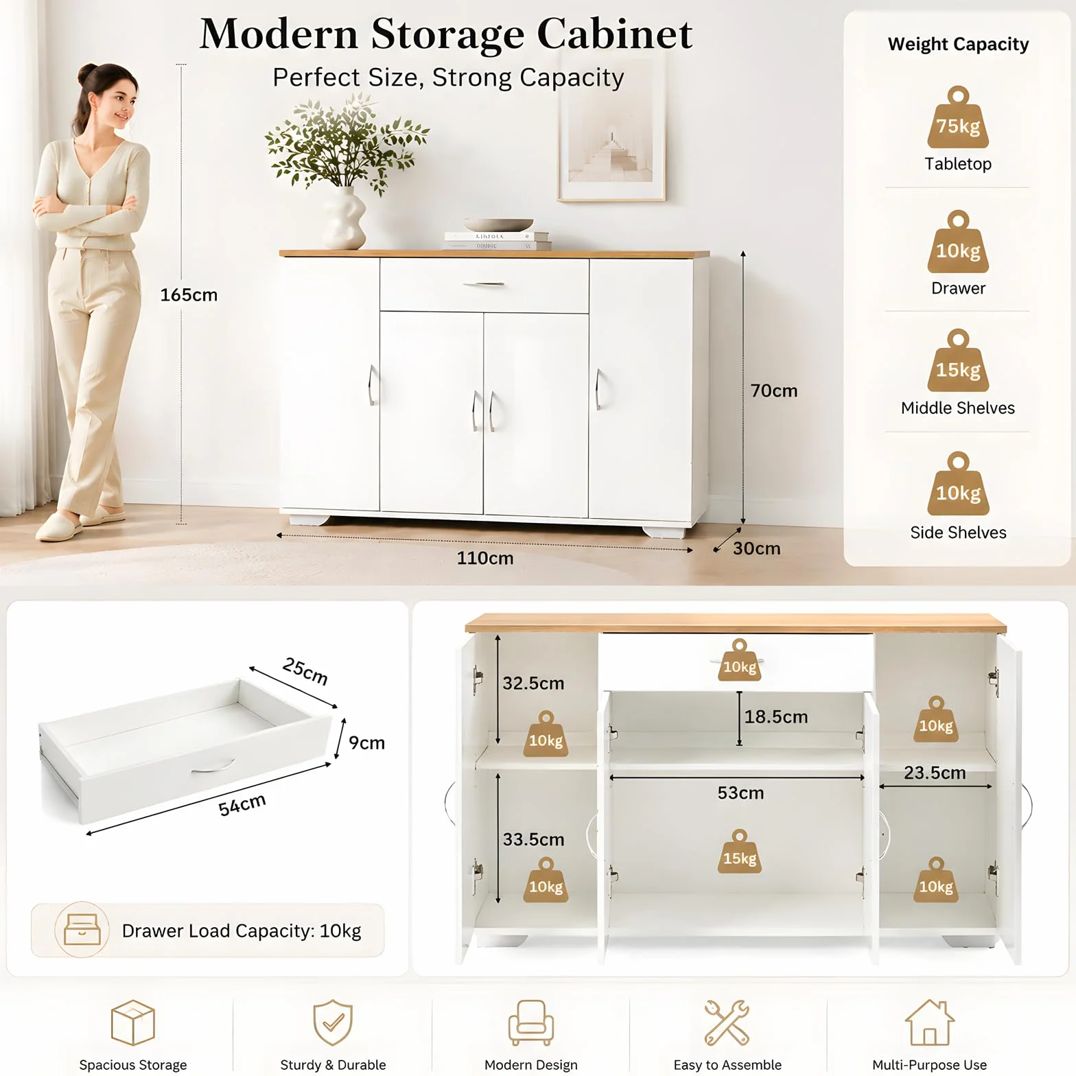 Aparador Comedor Moderno 110x30x70cm, Mueble Auxiliar Estrecho con 4 Puertas y 1 Cajón, Consola Almacenaje Blanco y Roble para Salón, Pasillo, Rincón de Café