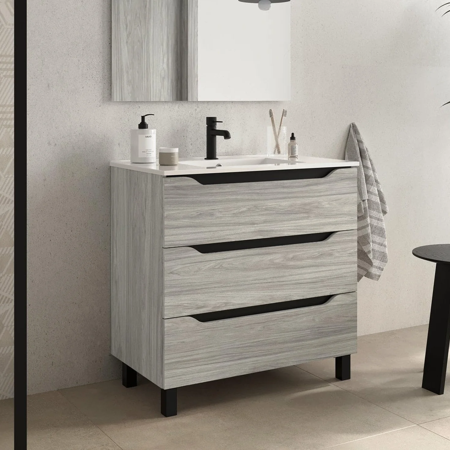 Trio Mueble de Baño con Lavabo 3 Cajones Color Roble Cambrian - Medida: 80 cm 80 cm