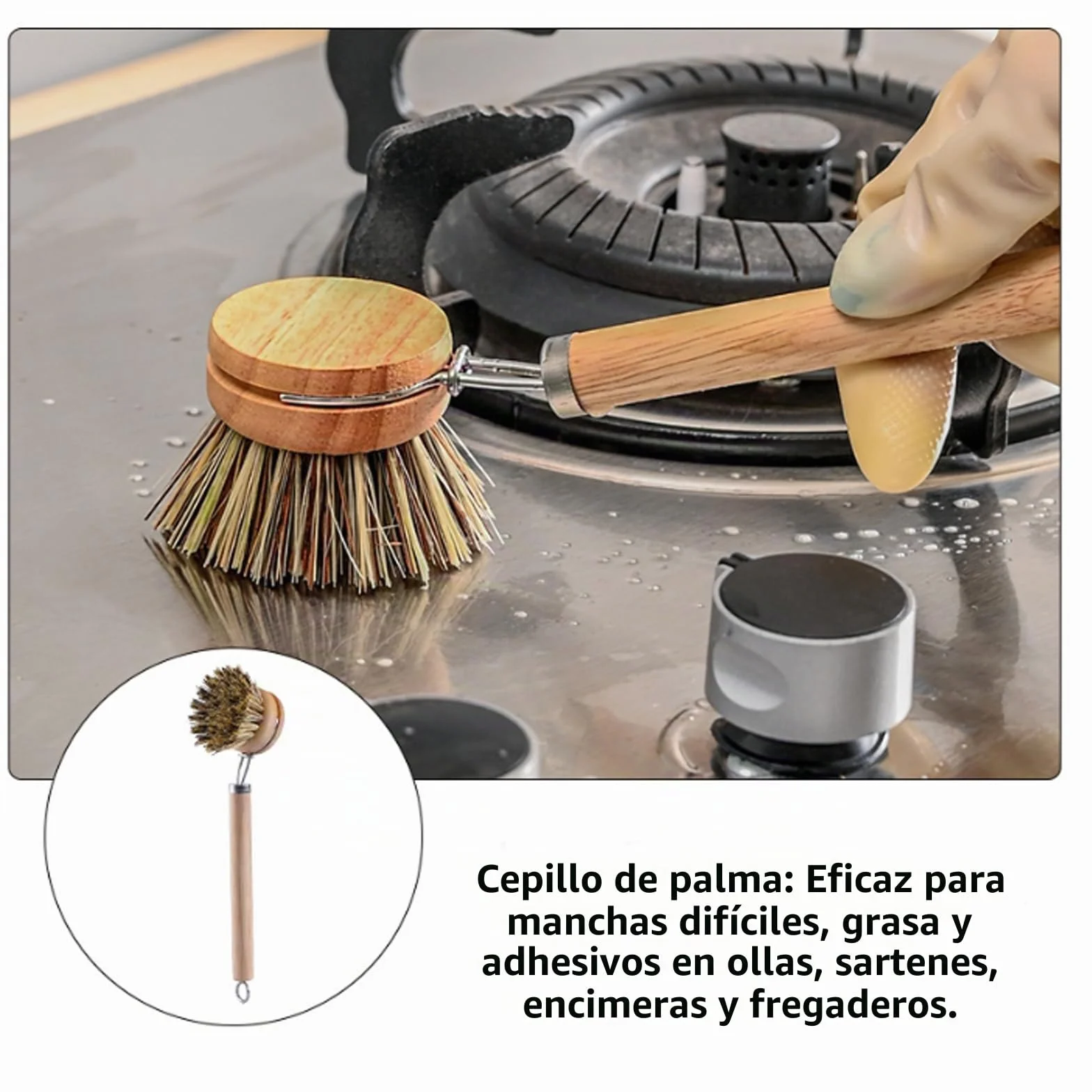 Cepillo Cocina Madera Bambu Platos Limpieza, Cepillo Lavavajillas, Ecológico Natural, 1 Mango Y 3 Cabezas De Reemplazo, 1 Esponja Y 3 Trapos Cocina