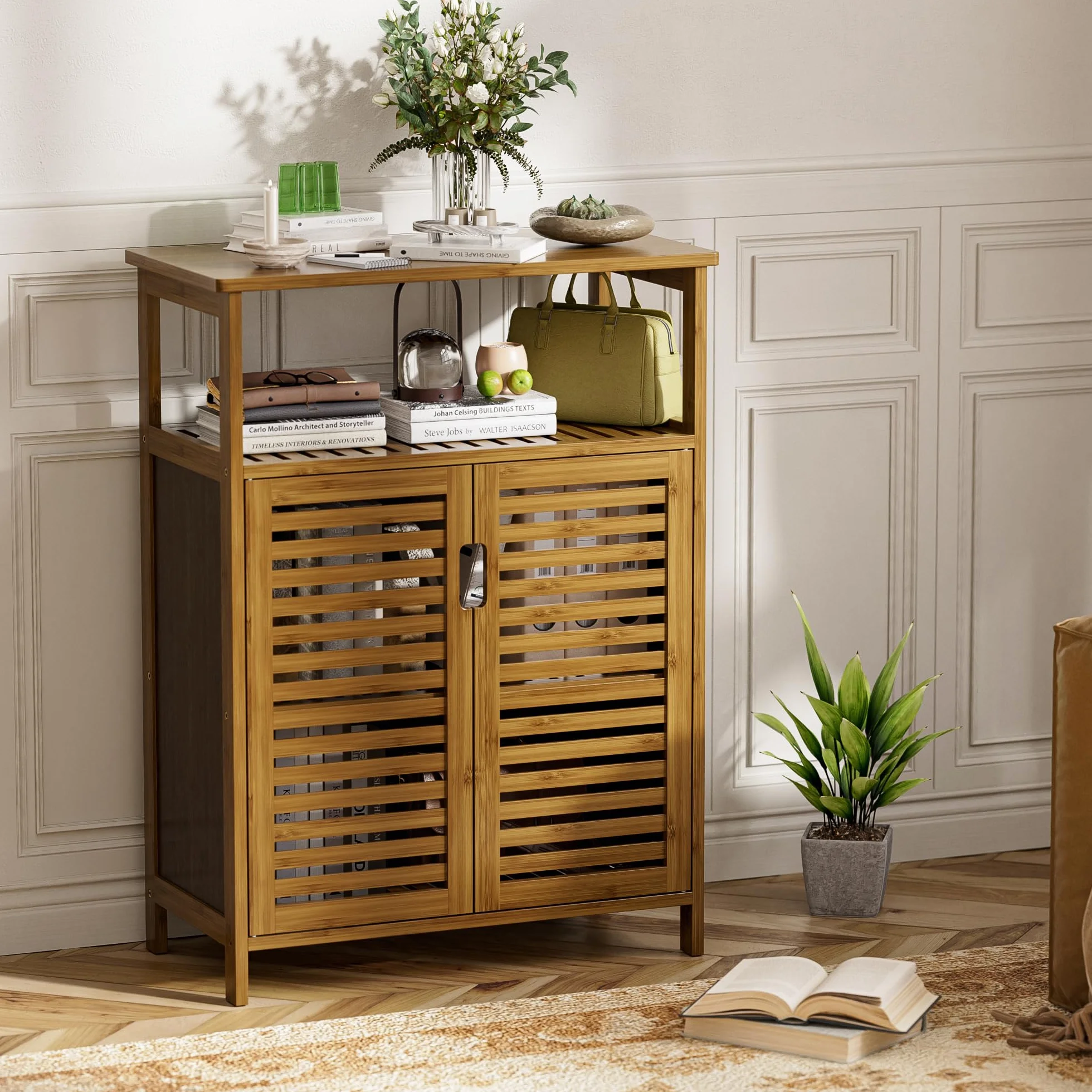 HITNET Mueble Baño Bambu, Armario Bajo Baño Auxiliar, Gabinete de Almacenamiento Independiente con Doble Puerta y Compartimentos Abiertos, para Sala de Estar, Cocina, Entrada, Nogal