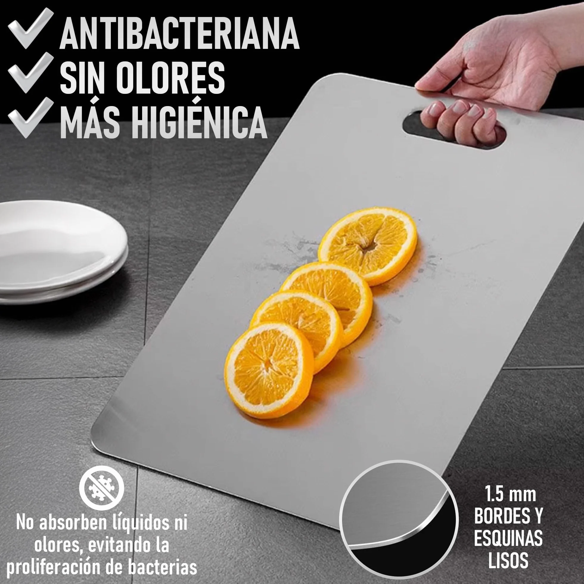 SET de 3 Tabla de Cortar con Aleación de Titanio para Cocina de Acero Inoxidable SUS316 y SUS 304 + Ganchos y Paños - Tabla de Cortar de Titanio Resistente + Reversible y Antibacteriana | 3-Stars
