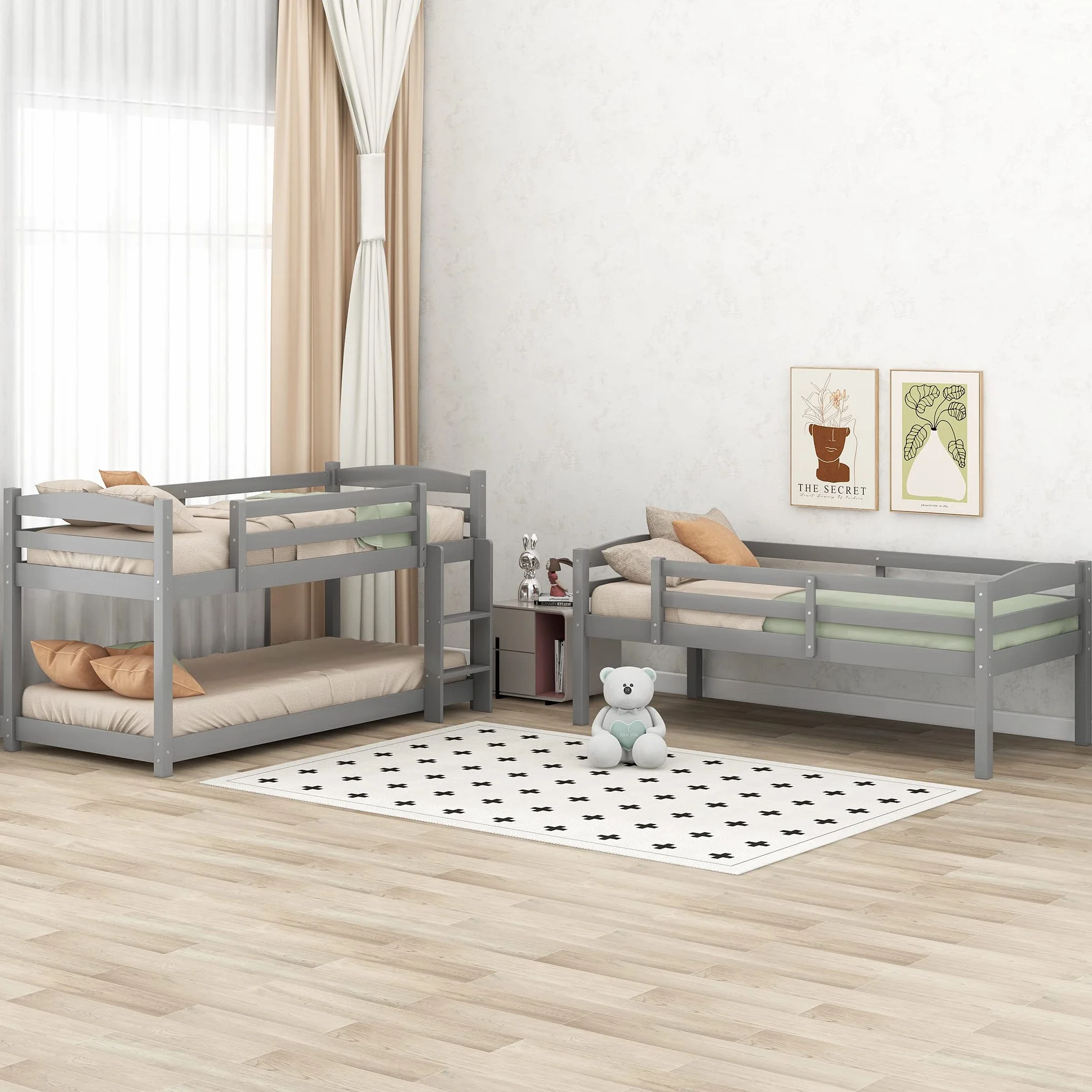 Azkoeesy Litera para 3 Niños 90x200 cm, Estructura Modular, con Somier y Barandilla de Seguridad, Madera de Pino Color Gris