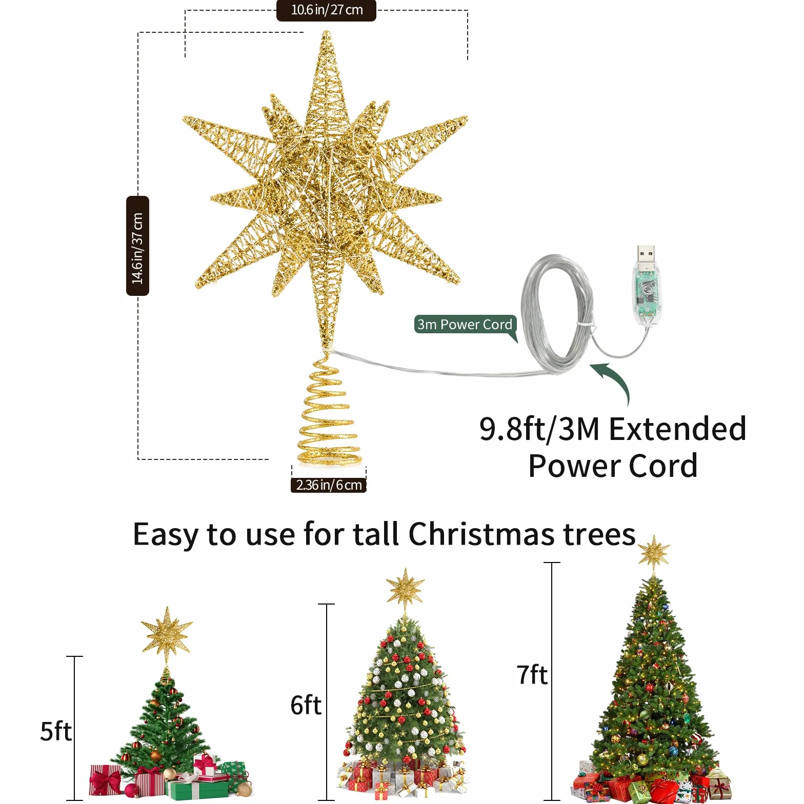 Lewondr Estrella para Copa del Árbol, 28CM Adorno para Árbol de Navidad con 8 Modos de Luces por USB con Mando a Distancia & Temporizador, Gran Topper Árbol Decoración Navideña del Hogar, Oro