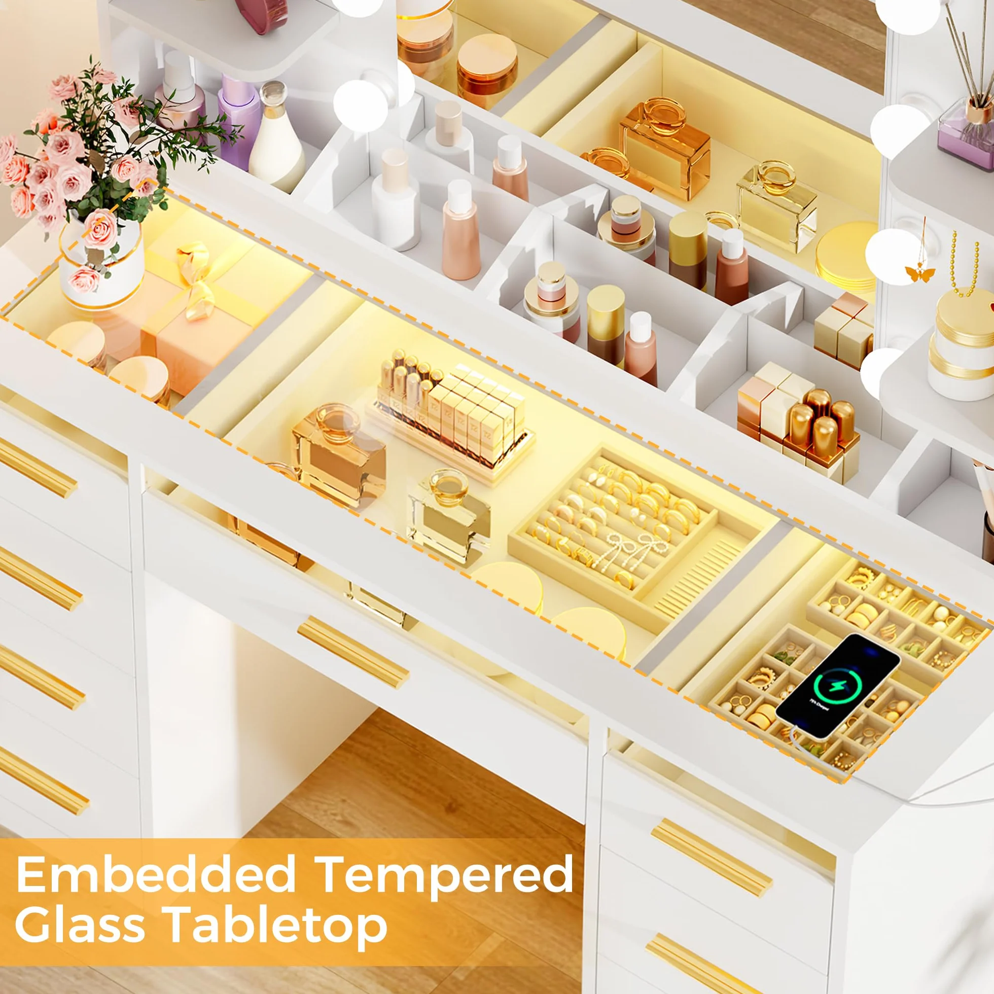 ANWBROAD Grande Tocador de Maquillaje con Espejo y Luces LED, 9 Cajones RGB, Mesa Moderna Blanco BDT95W