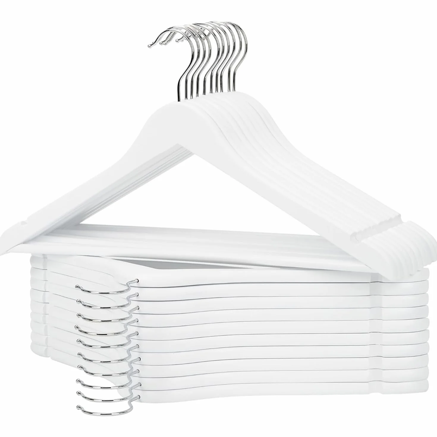 KROWN - Perchas de Madera Natural Antideslizantes con Muescas, Ideales para Trajes, Abrigos, Chaquetas, Camisas y Pantalones, Gancho Giratorio de 360° (Blanco, 6 Unidades)