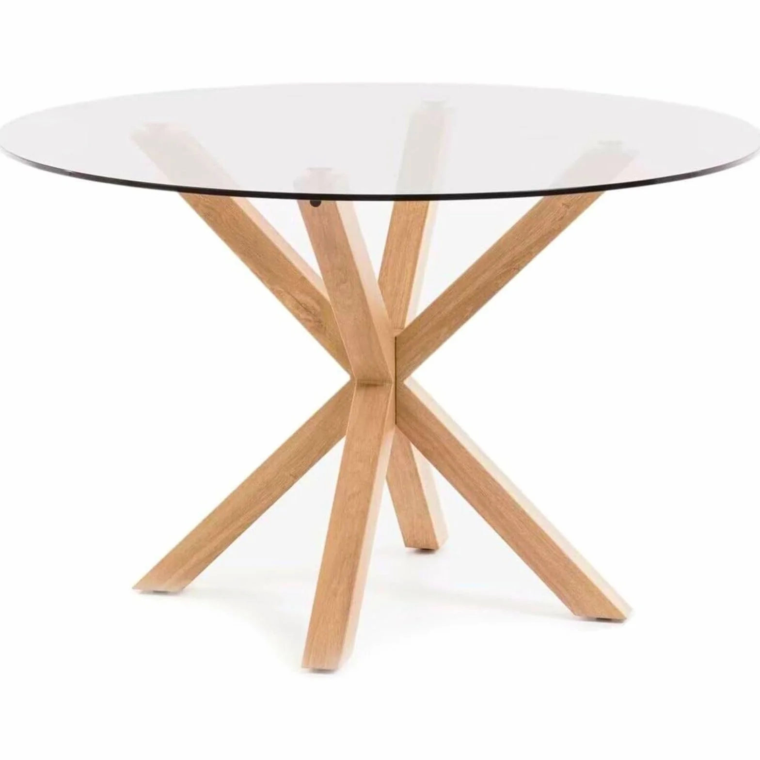 Mesa Redonda de Comedor de Cristal - Patas Metálicas Acabado Efecto Madera