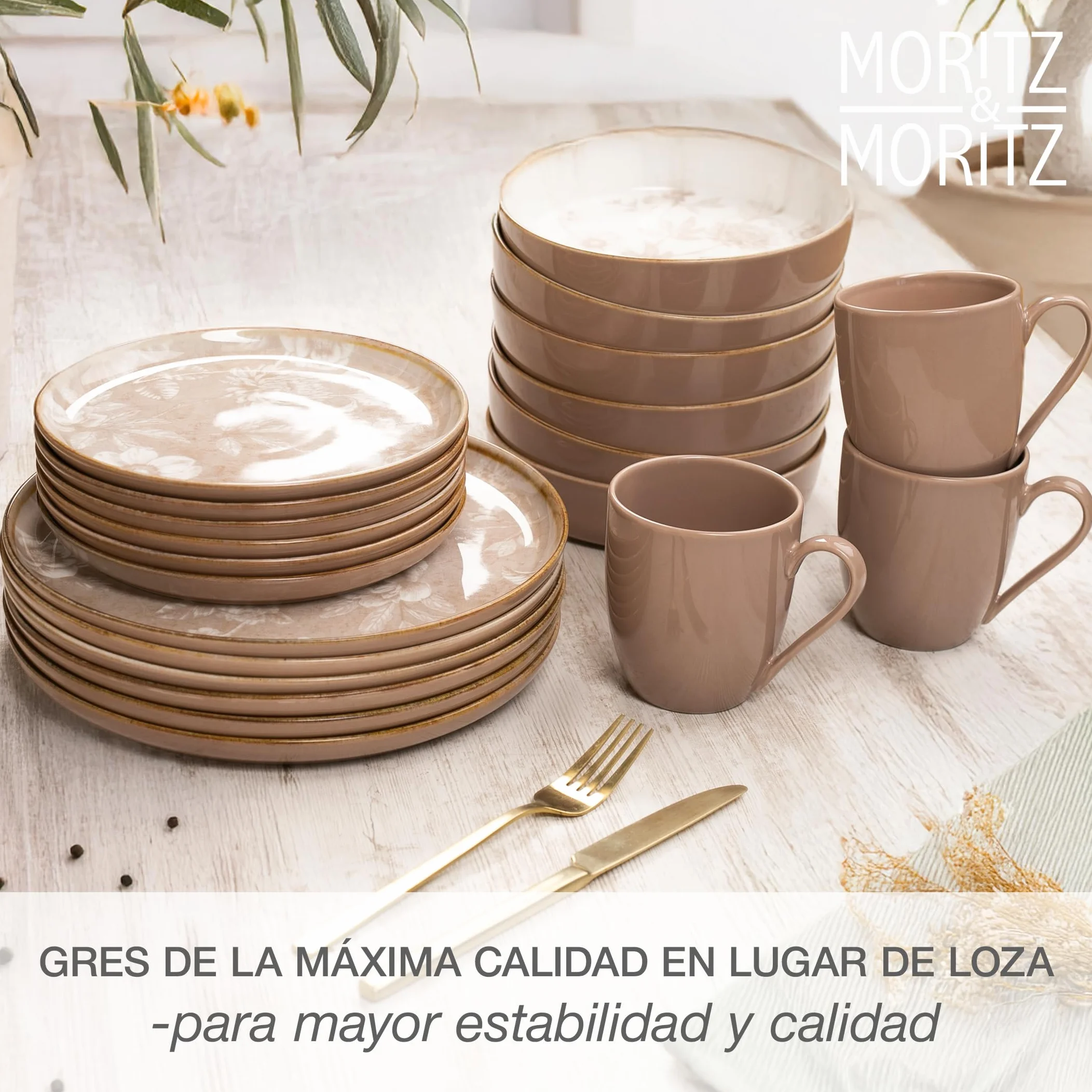 Moritz & Moritz MARIELLA - Vajilla de gres para 6 personas, 24 piezas, moderna vajilla en color beige con diseño divertido, servicio de café de fácil cuidado con platos, cuencos y tazas, vajilla