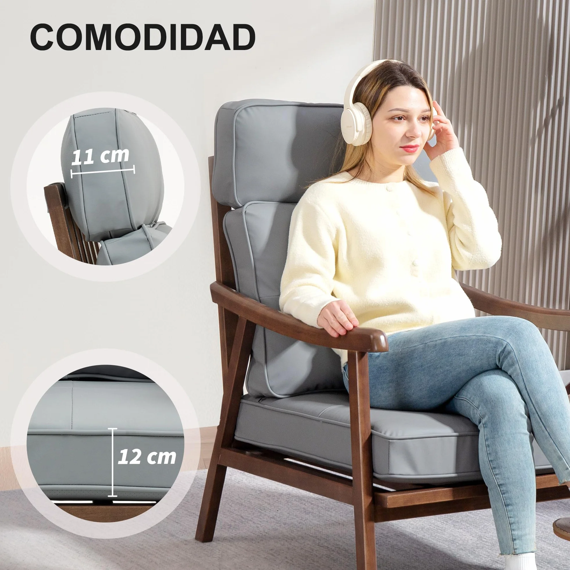 HOMCOM Butaca de Salón Sillón de Salón Tapizado en PU con Marco de Madera Cojines Acolchados Gruesos Respaldo Alto Carga 150 kg Sillón Lectura para Sala de Estar Dormitorio Gris y Madera Nogal