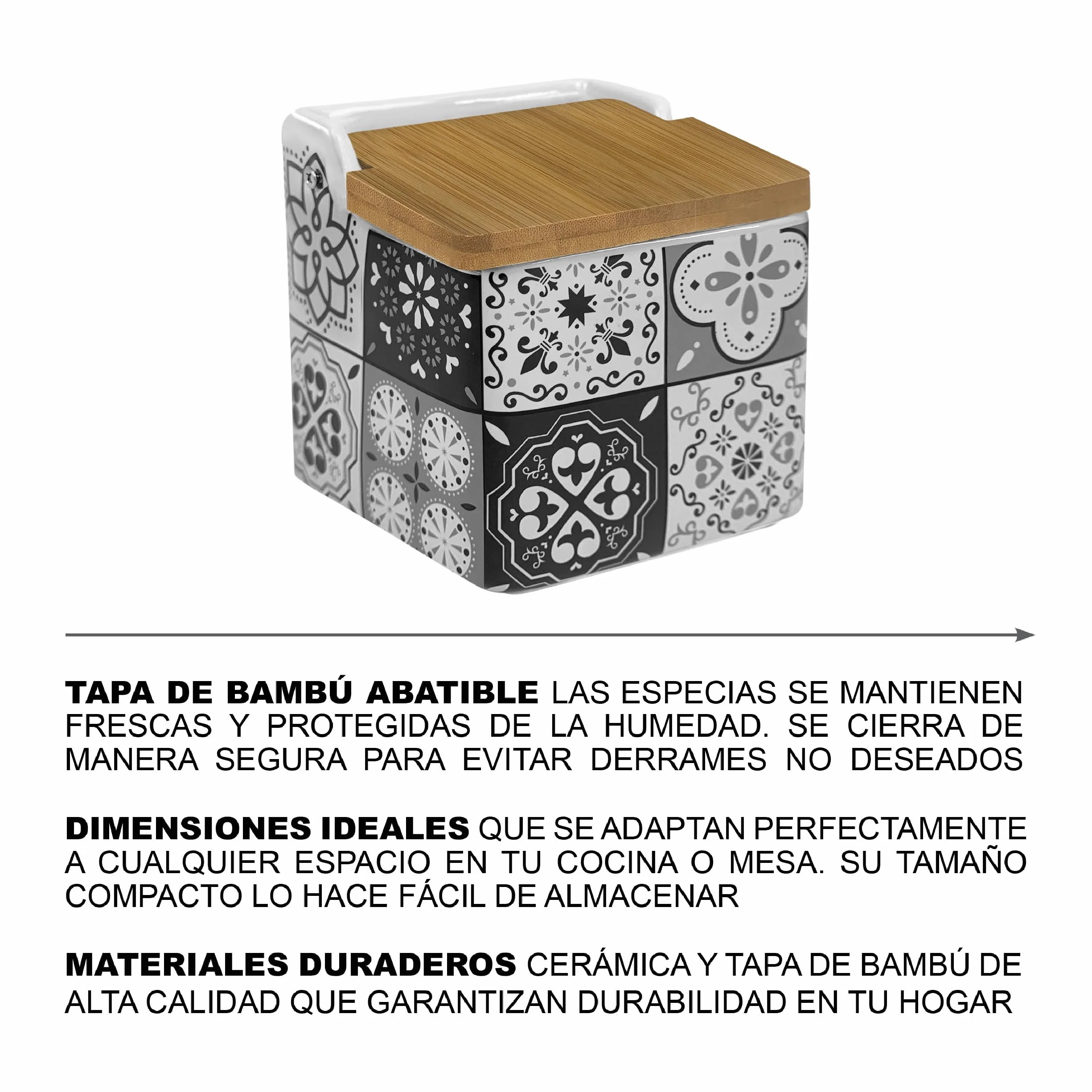 TIENDA EURASIA - Salero de Cocina de Cerámica | Tapa Abatible de Bambú | Diseño Moderno de Mosaico | Color Gris | Medida 12 x 12 x 11 cm | Saleros de Cocina Modernos