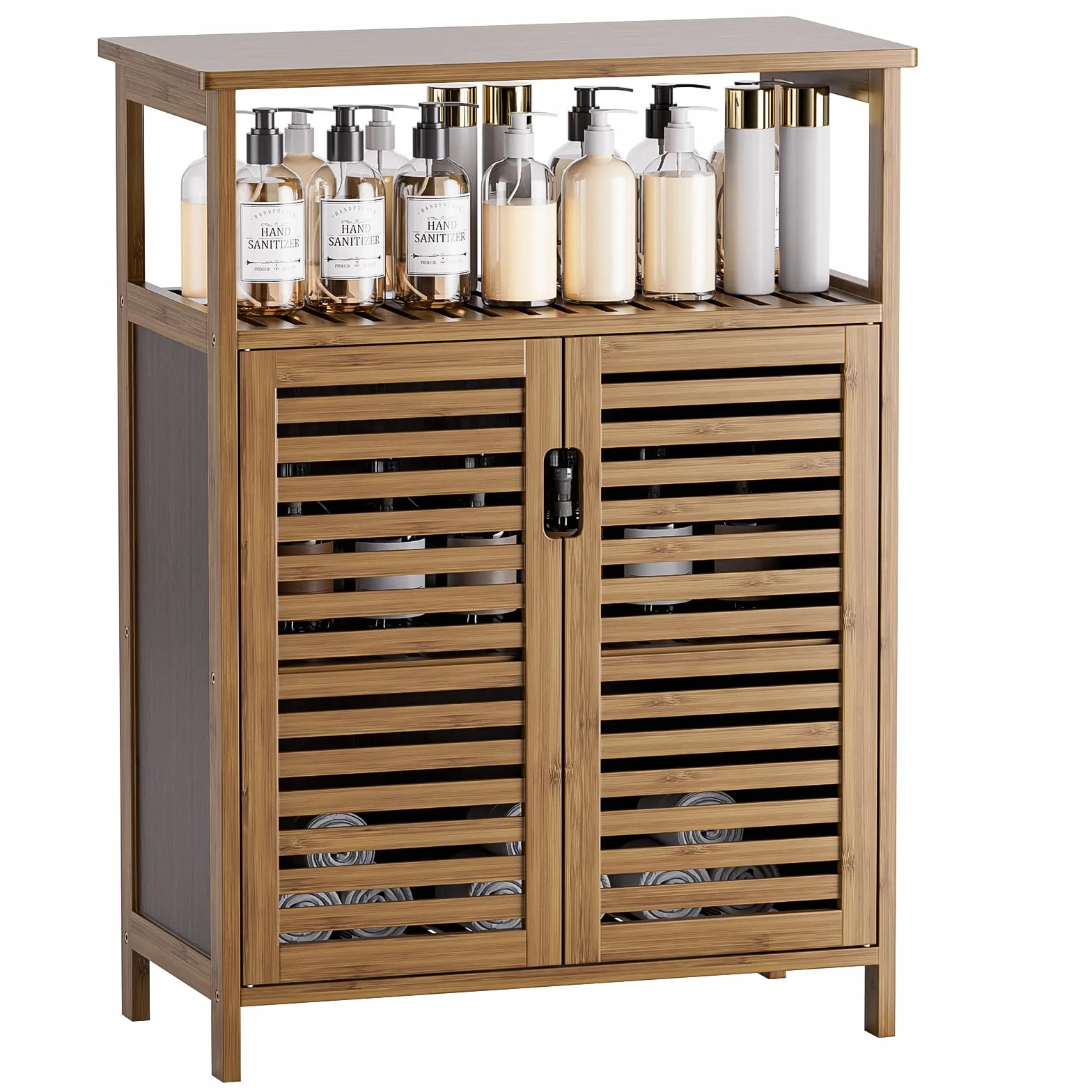 HITNET Mueble Baño Bambu, Armario Bajo Baño Auxiliar, Gabinete de Almacenamiento Independiente con Doble Puerta y Compartimentos Abiertos, para Sala de Estar, Cocina, Entrada, Nogal