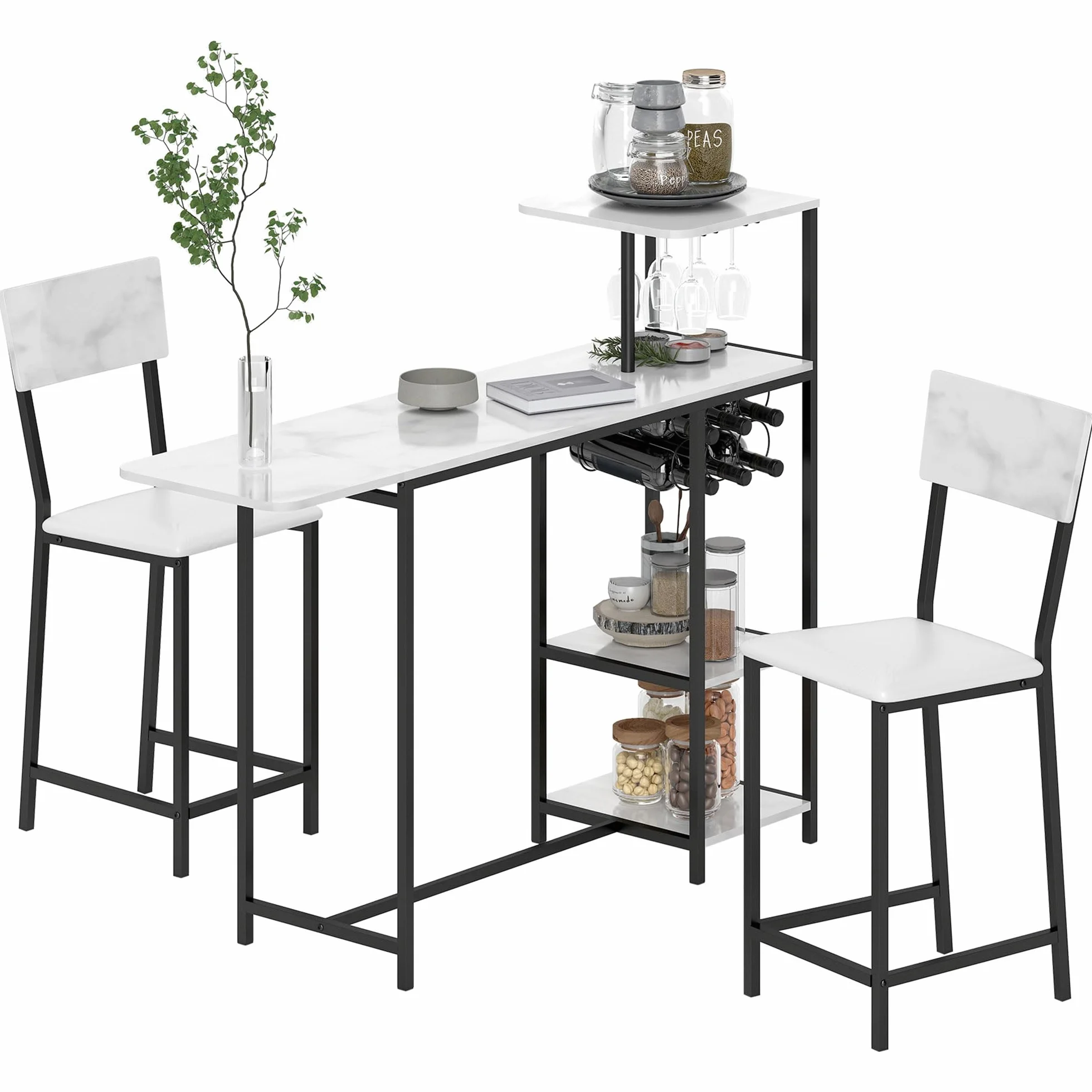 HOMCOM - Conjunto de Mesa de Bar con taburetes, Mesa de Comedor de pie con 2 sillas de Bar, Tapa Plegable, taquillas para Vino, portavasos, estantes Abiertos y reposapiés, Efecto mármol Blanco