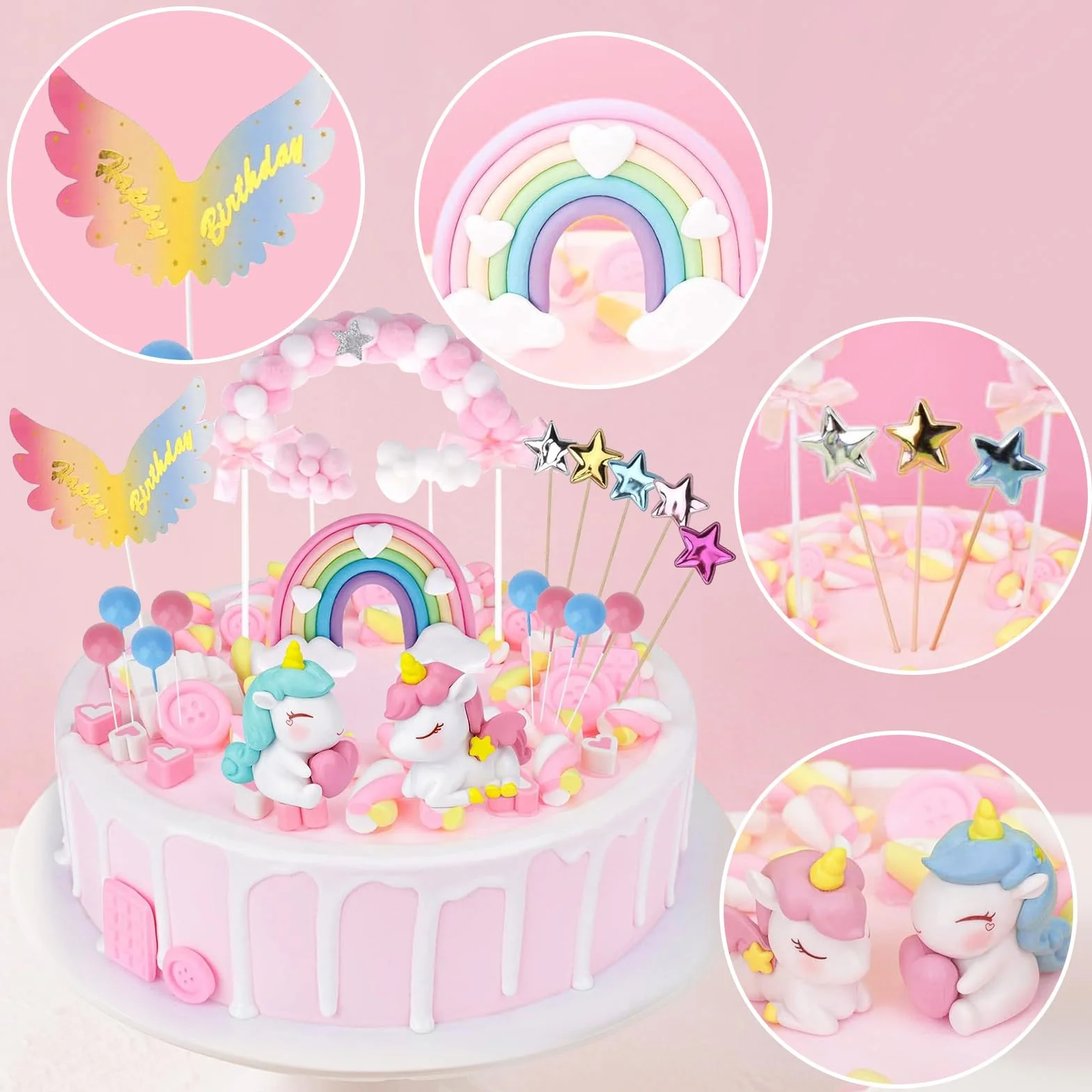 Decoración para tartas de unicornio, 20 piezas, unicornios, arco iris, globos, para cumpleaños