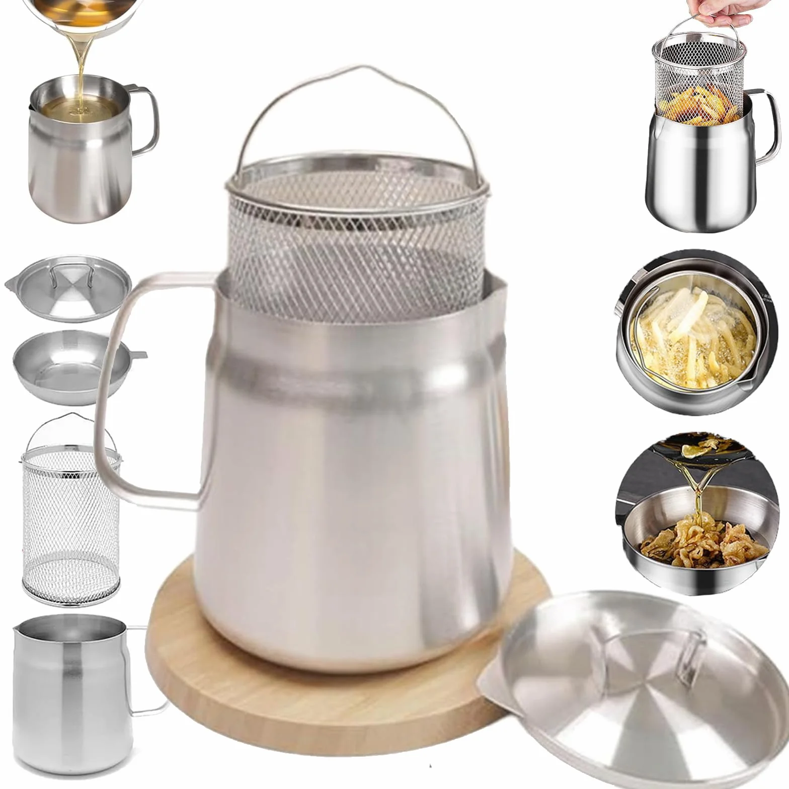 Recipiente de filtro de aceite versátil de acero inoxidable 304 de gran capacidad, olla de filtro de aceite de acero inoxidable, mini freidora de aceite de cocina y taza de filtro, tanque de red