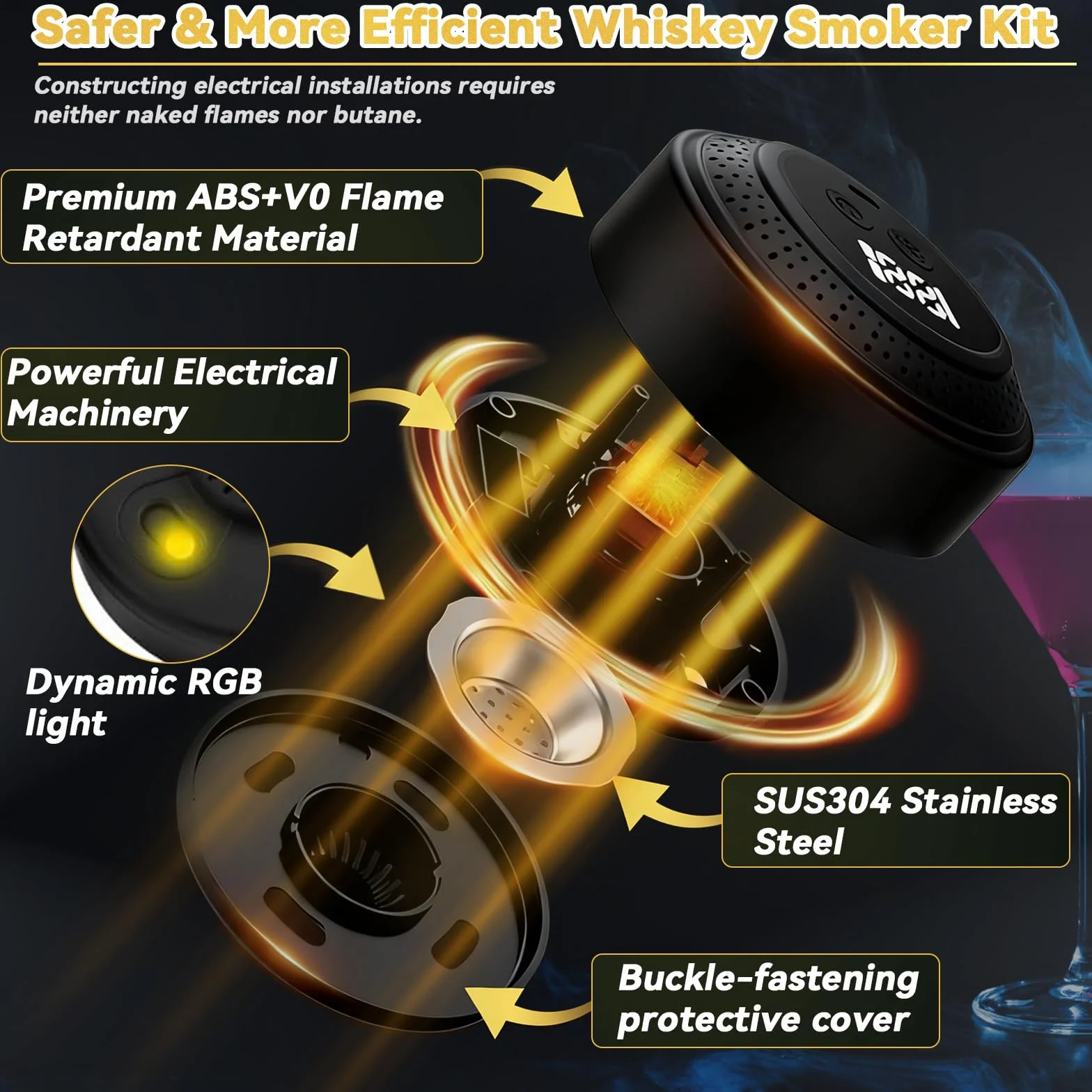 Ahumador Eléctrico de Whisky, Kit Ahumador de Cócteles con Pantalla LED y USB-C Recargable - Set con 6 Maderas Naturales