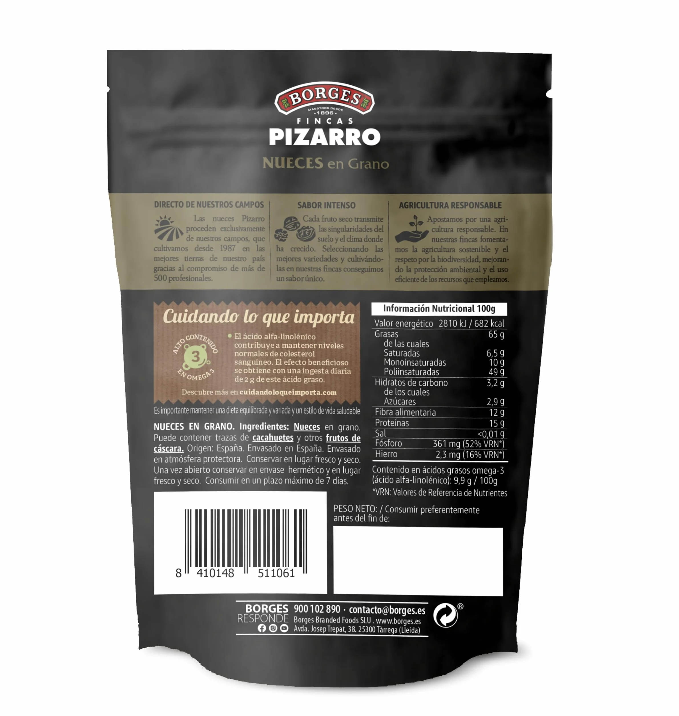 Borges Nueces en Grano Finca Pizarro 130g - Frutos Secos sin Gluten, Alto Omega 3