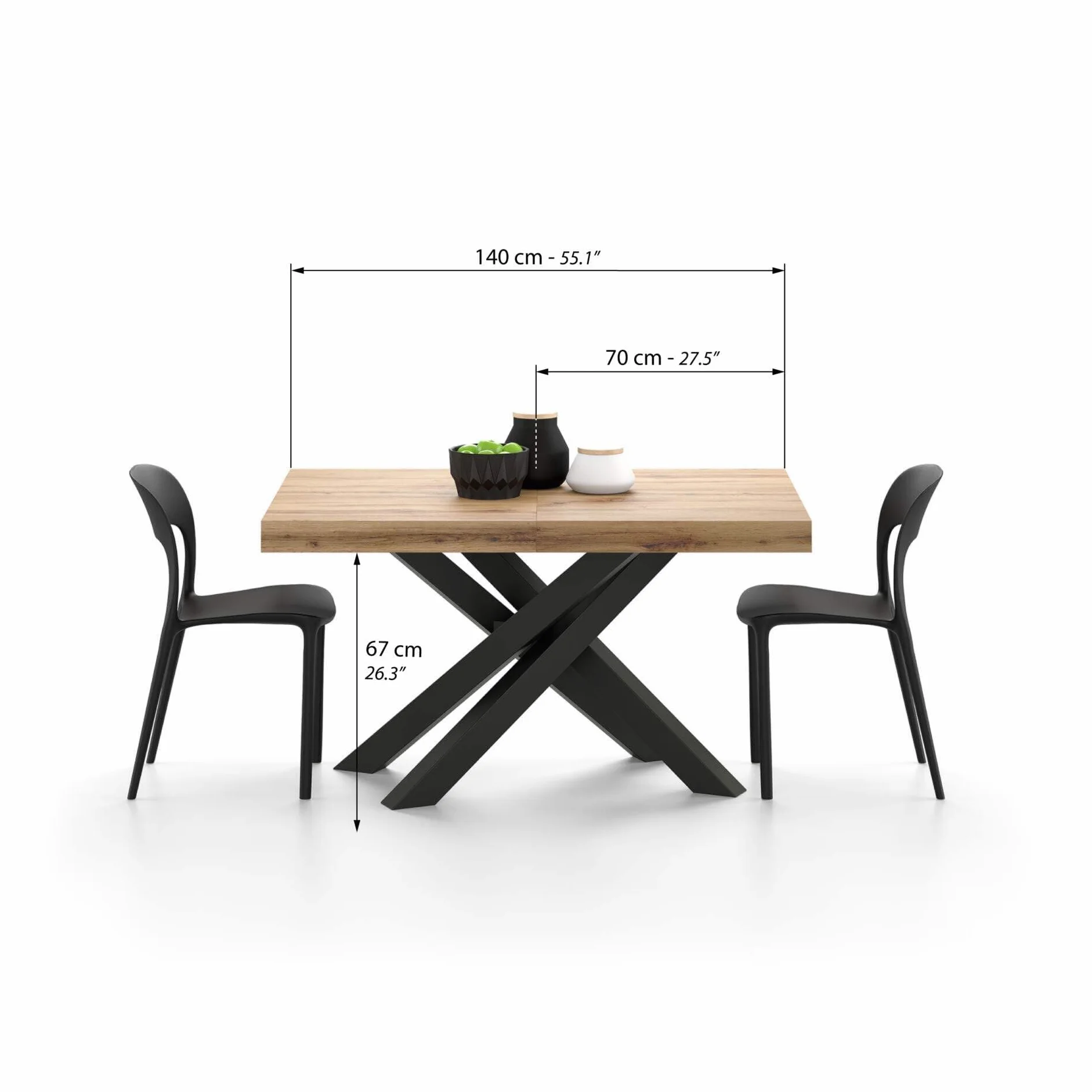 MOBILI FIVER, Mesa Extensible Emma 140(220) x90 cm, Color Madera rústica con Patas Cruzadas Negras, para 6-10 Personas, Mesa Extensible de Comedor, Mesa Cocina, Salon, Made In Italy