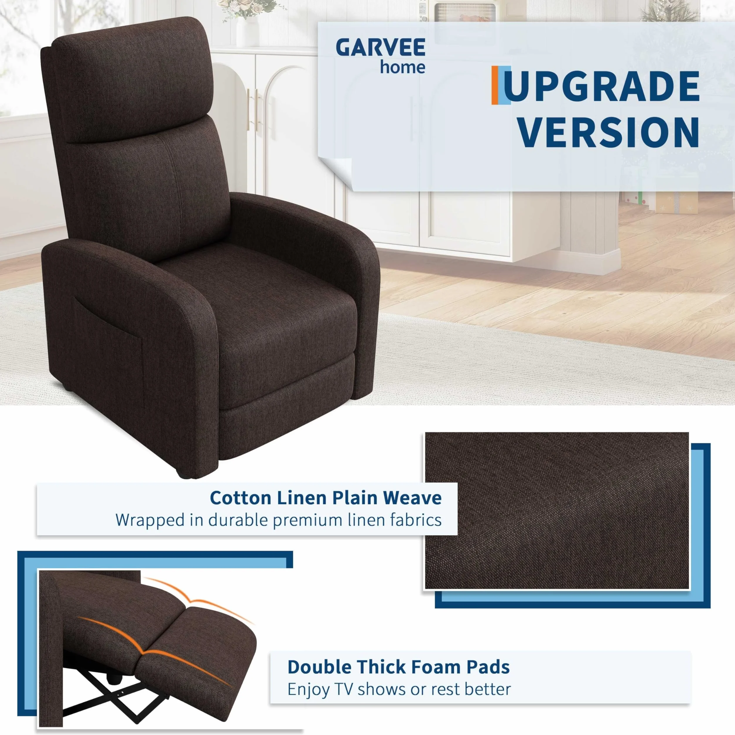 Sillón Relax Reclinable Compacto, Apertura Push Manual con Reposapiés, Posición Cero hasta 160º, Carga Máxima 136 kg, 49×72×101 cm, Marrón