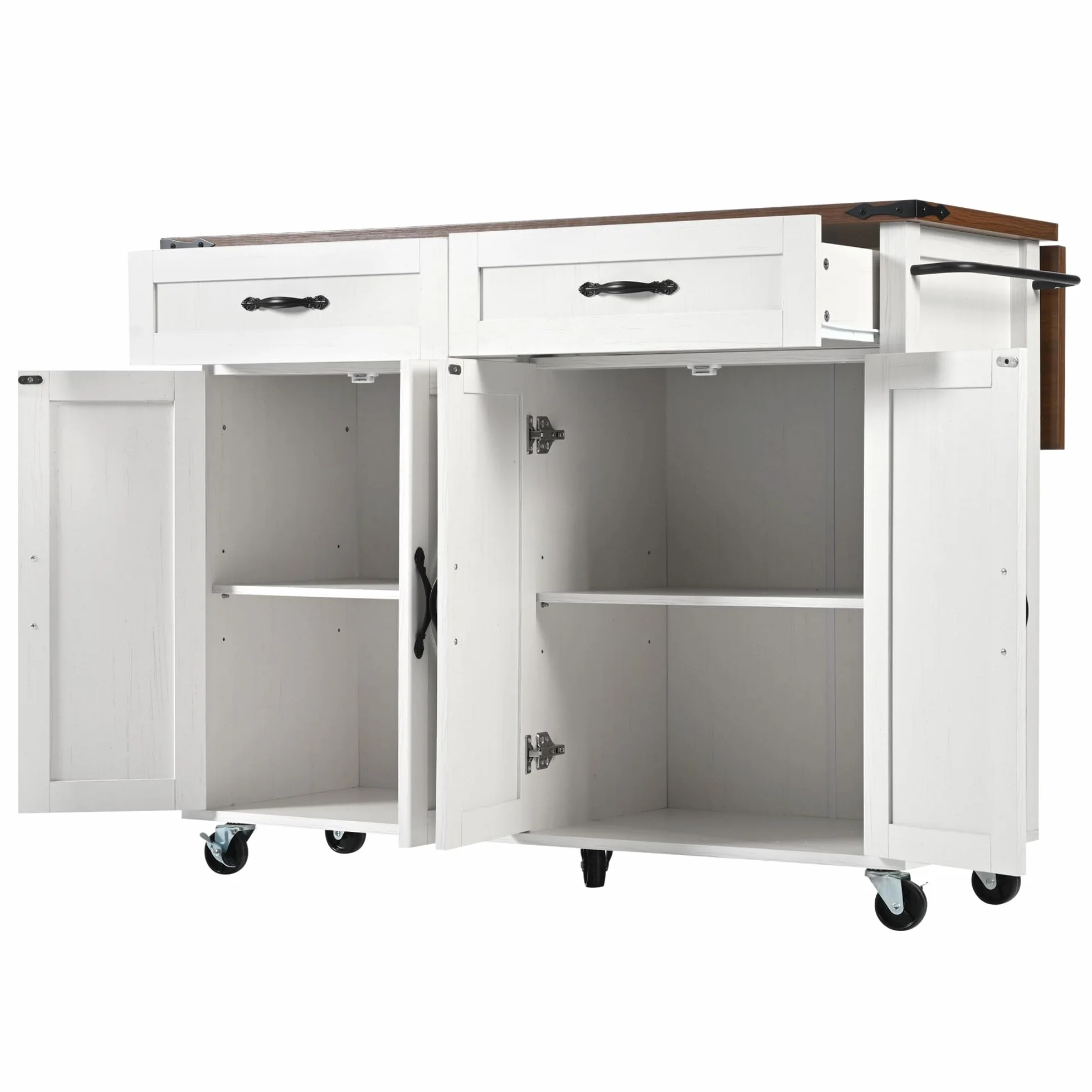 Isla de cocina con superficie de trabajo extraíble, mueble con cuatro puertas y dos cajones, carro de comedor