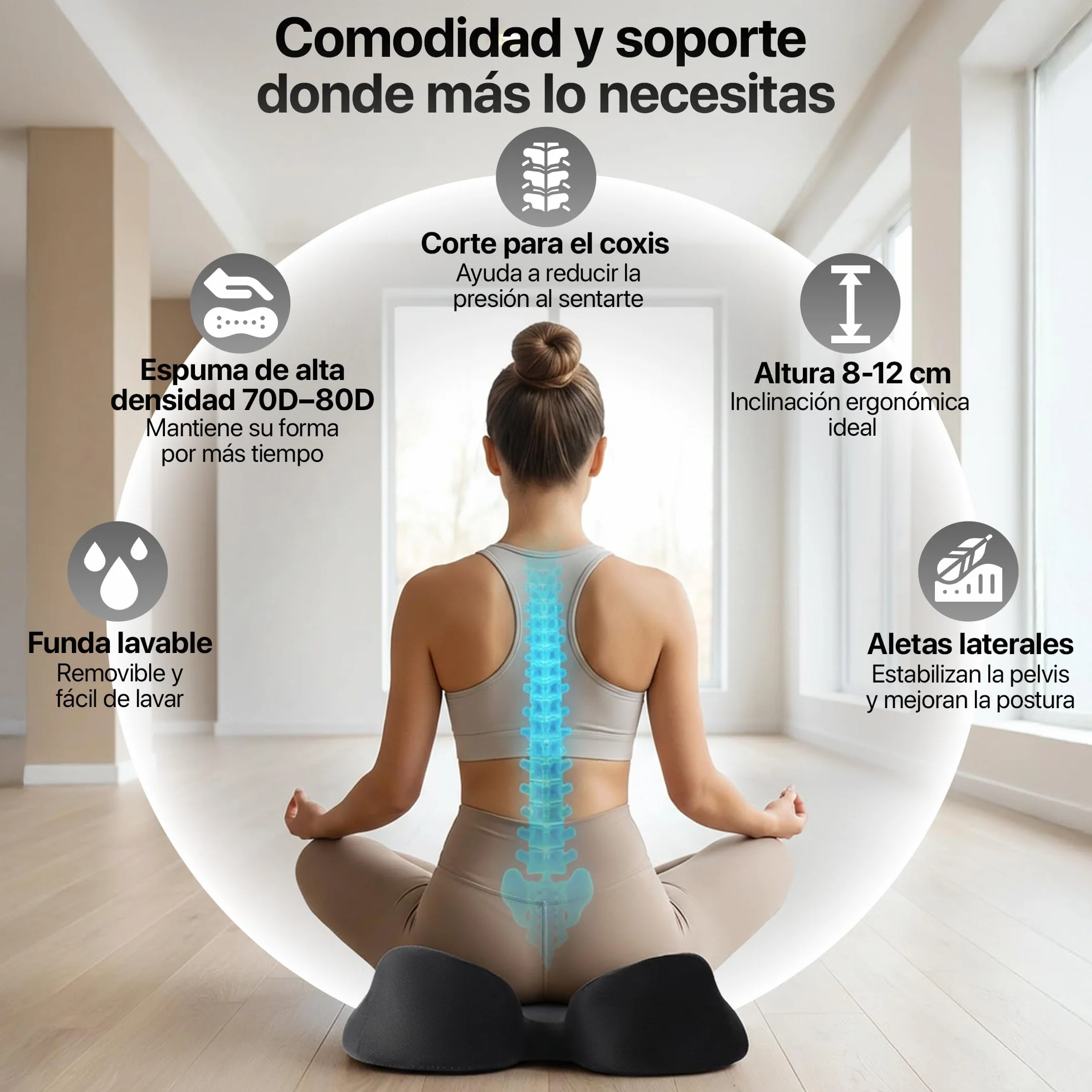 Cojin Silla Oficina Viscoelastico Ergonómico Funda Lavable Transpirable Base Antideslizante