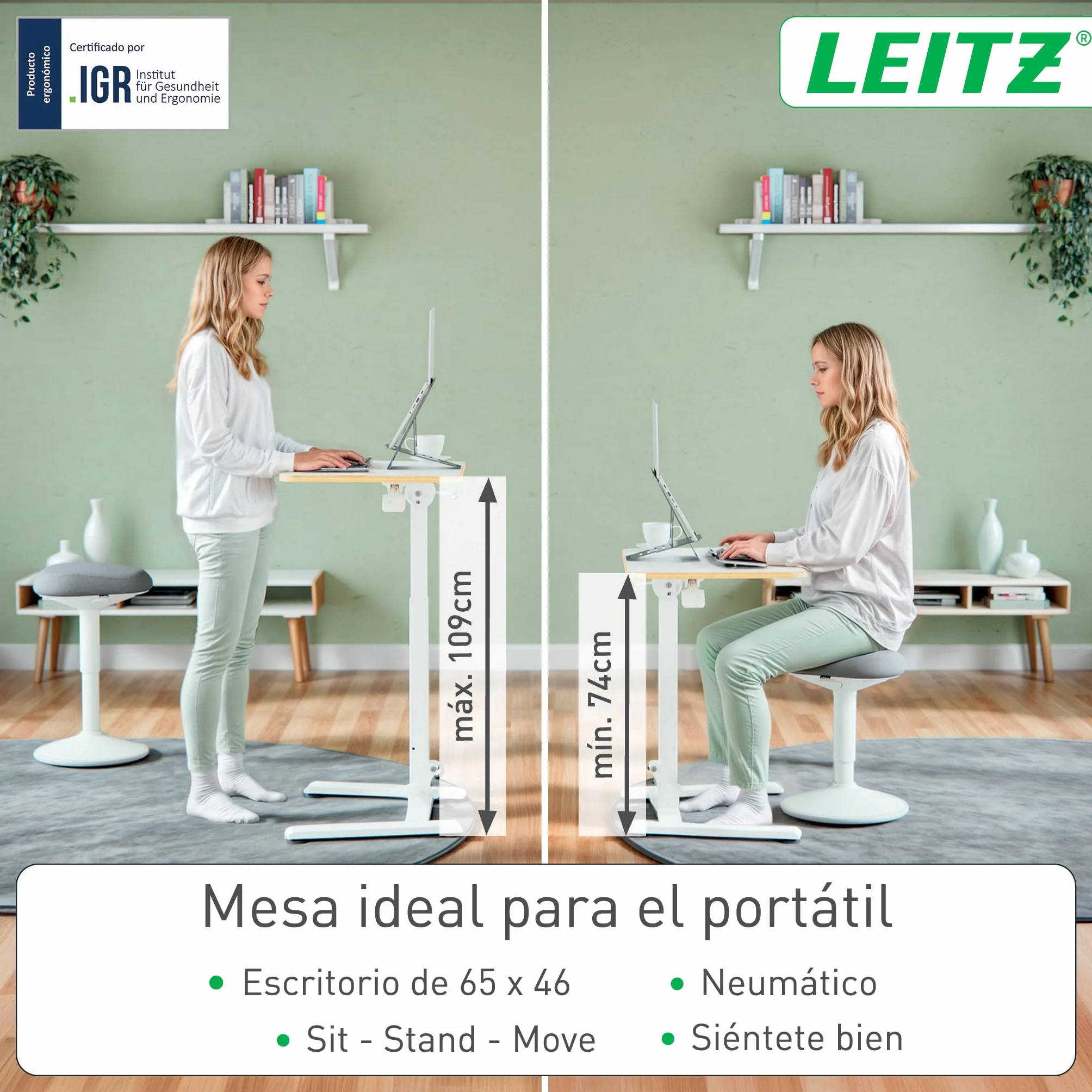 Leitz Ergo Escritorio Compacto Plegable para Trabajar Sentado o de Pie – Mesa Portátil con Asa, pensado para Ordenador Portátil, Soporta hasta 20 kg, 65x46 cm, Blanca, 65880001