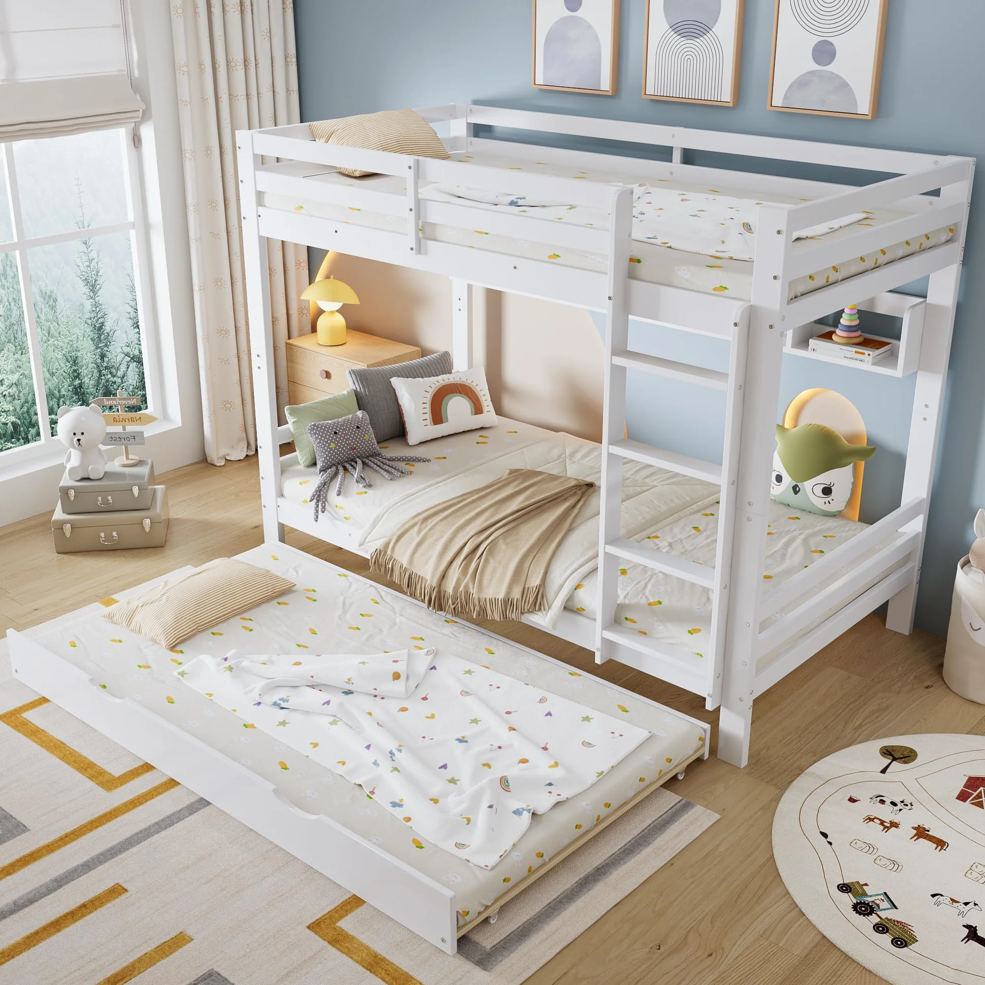 LAKFEW Litera Infantil 90x200 con Cama Nido 90x190 cm, Literas Cama Infantil con Protección Anticaída y Estante de Almacenaje, Camas Infantiles, Litera Triple Literas Infantiles, Blanco, Sin Colchón