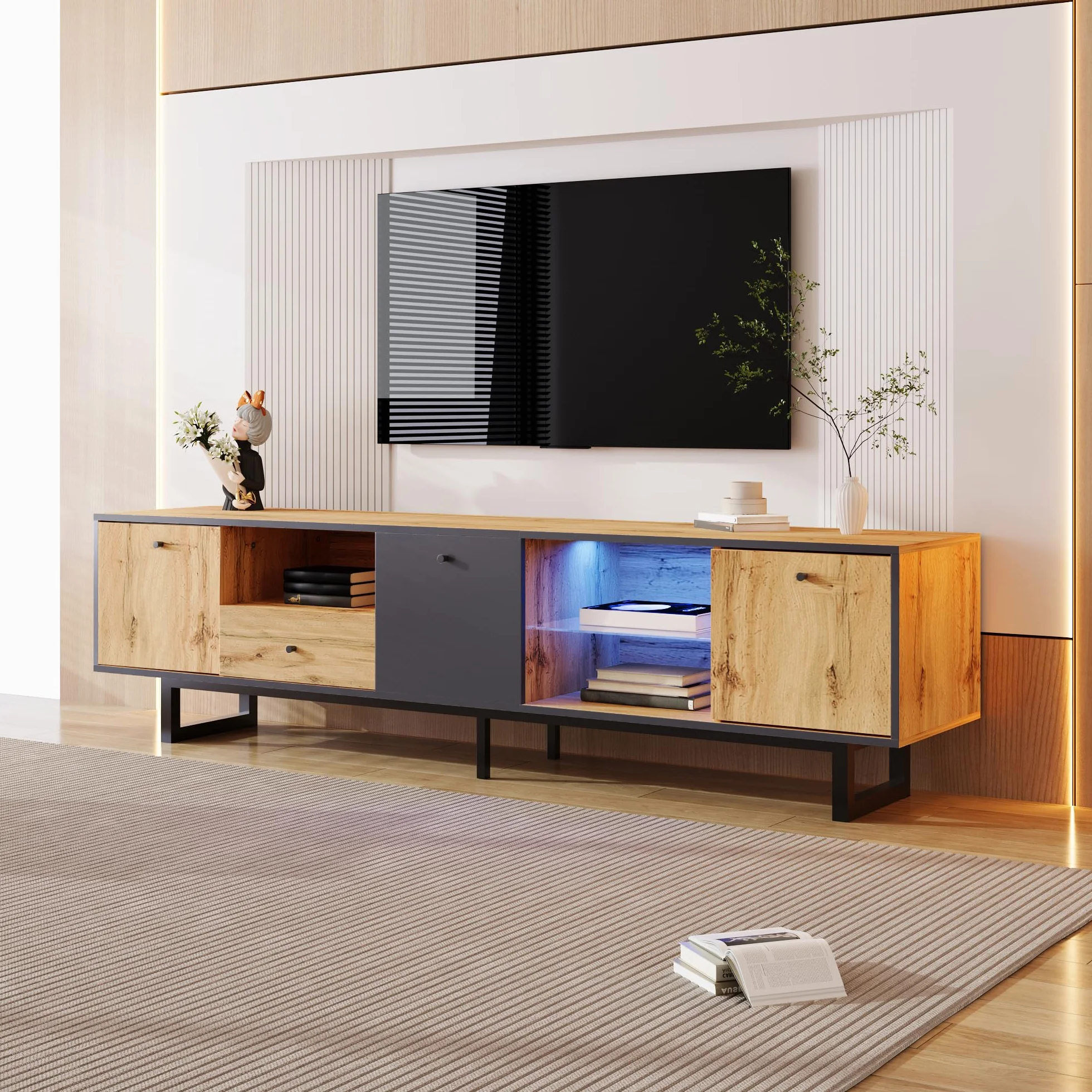 LAKFEW Mueble TV Salon de hasta 80 Pulgadas, Muebles TV con Iluminación LED y 3 Puertas, Muebles de Salon con 1 Cajón y 3 Compartimentos, Mueble Television, 190x40x50 cm, Natural