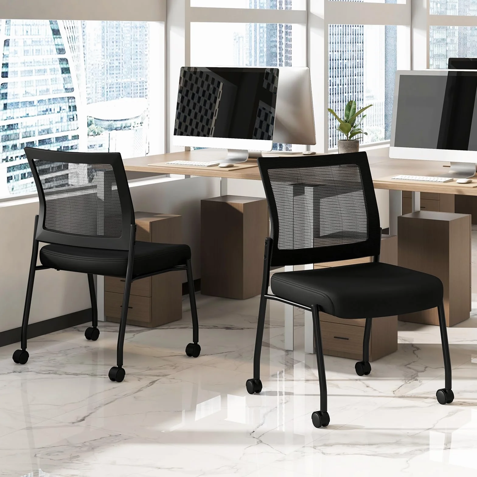 COSTWAY 2 Sillas Sala de Espera sin Brazos, Respaldo de Malla y Asiento Acolchado, Sillas Confidente con Ruedas, Silla Oficina, Carga 125kg, Negro