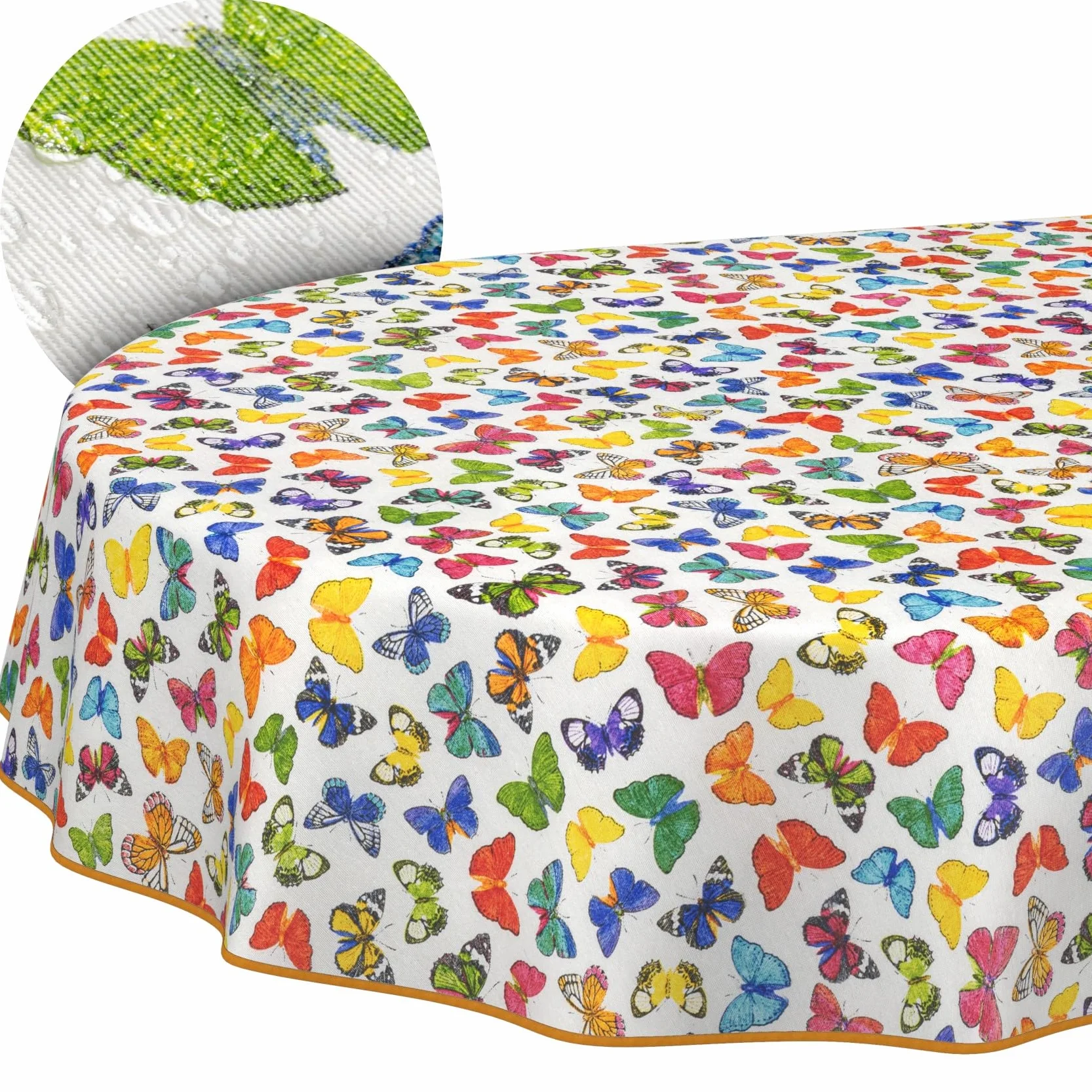 Mantel de tela textil lavable, mantel de algodón y poliéster, diseño de mariposas, ovalado, 260 x 140 cm, para interior y exterior
