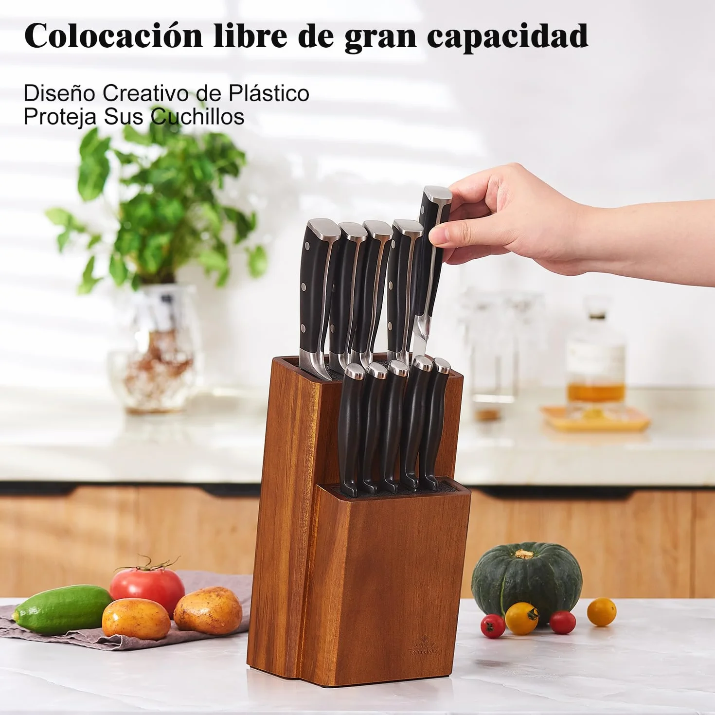 ENOKING Soporte Cuchillos Cocina, Organizador Madera Acacia, Bloque Cuchillos con Cerdas Extraíbles