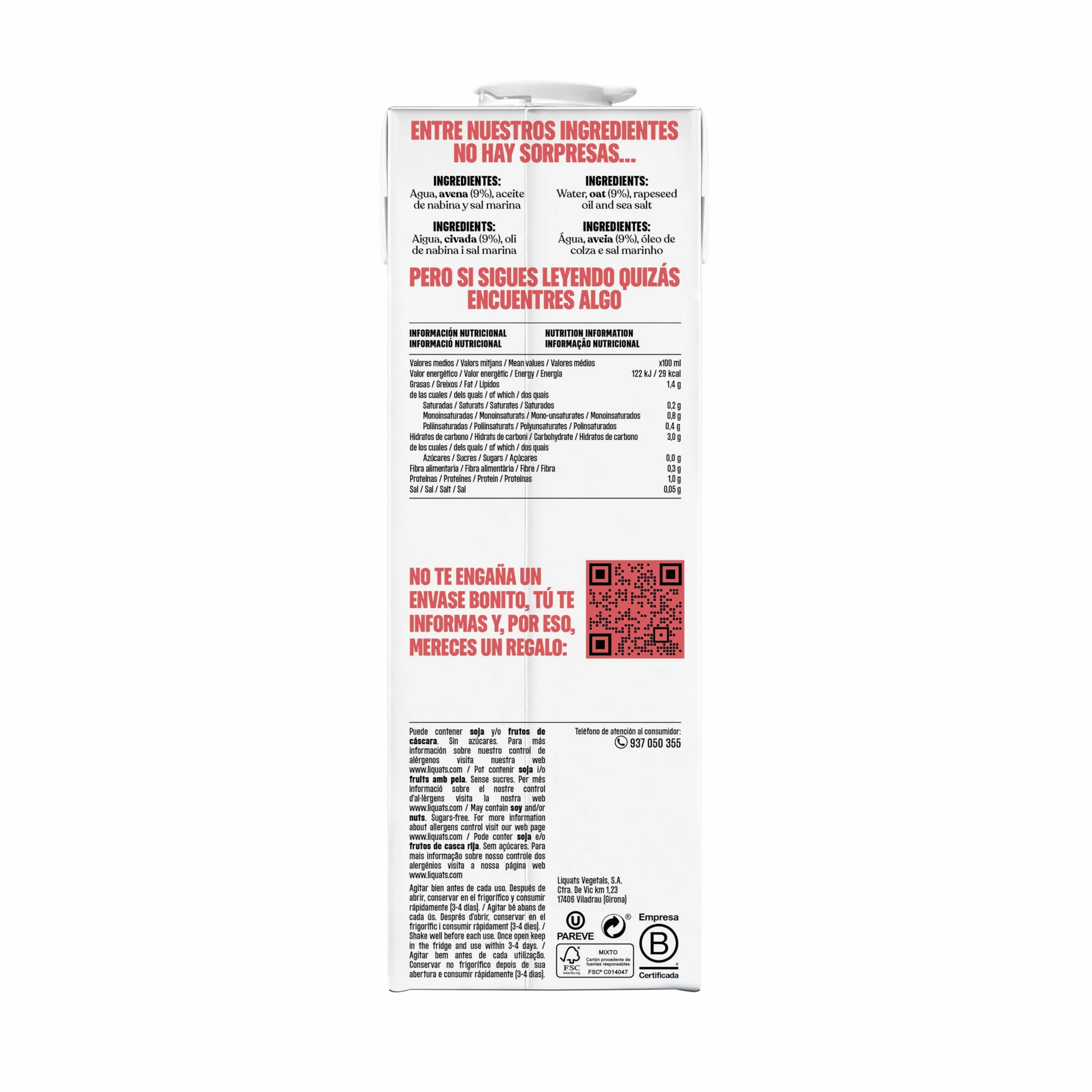 YOSOY Bebida Vegetal de Avena Barista sin Azúcar Pack 6 x 1L