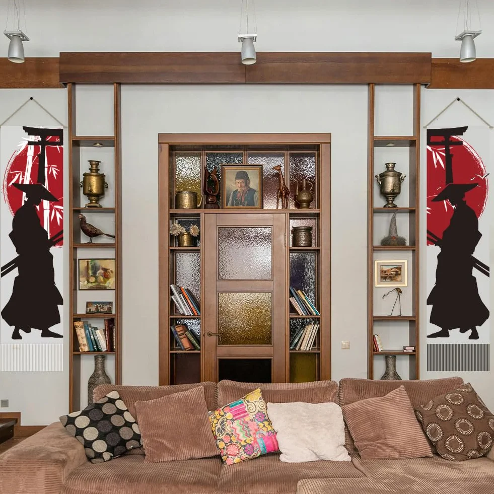 AHANDMAKER Tapiz samurai japonés, 2 piezas, blanco y negro, sol rojo genial, decoración colgante de pared, tapiz vertical largo para dormitorio, sala de estar, decoración bohemia mística de habitación