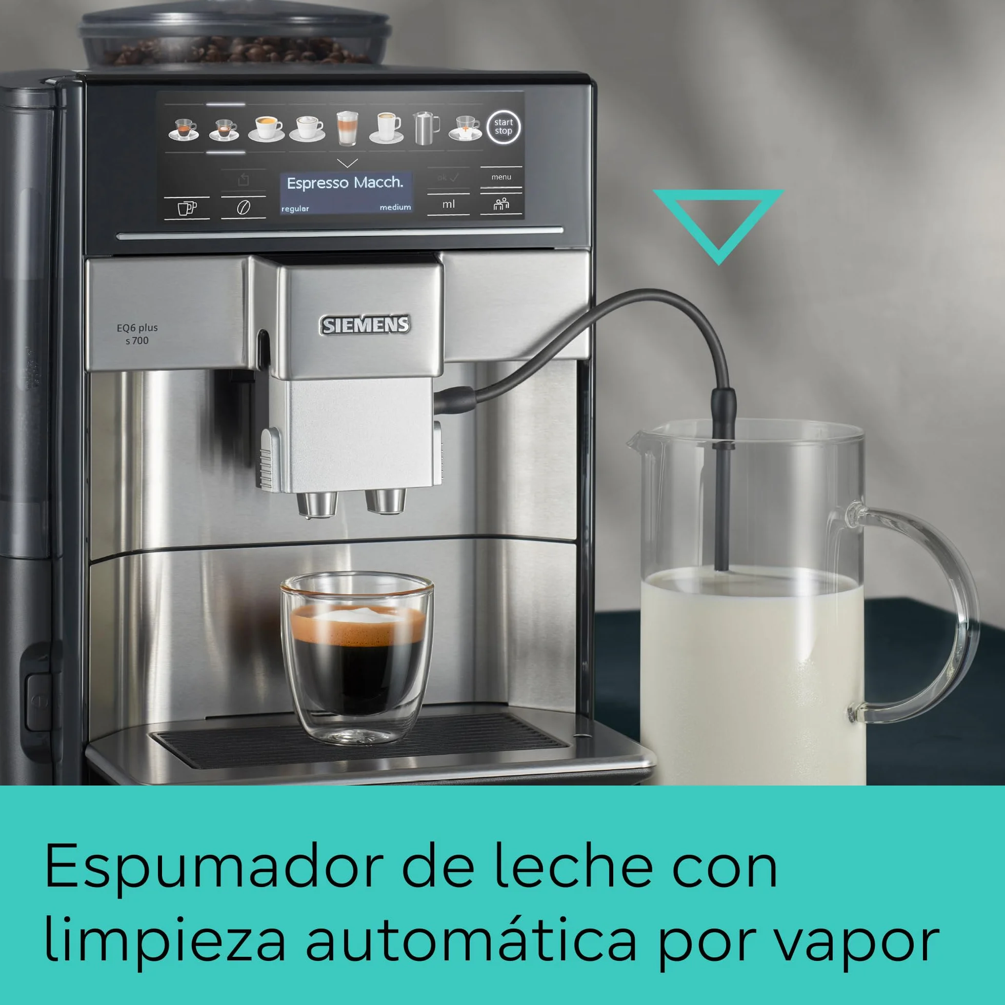 Siemens - Cafetera automática, sistema de leche, 12 bebidas, limpieza automática del depósito de leche, molinillo cerámico, pantalla táctil grande, EQ6 plus s500, TE655203RW