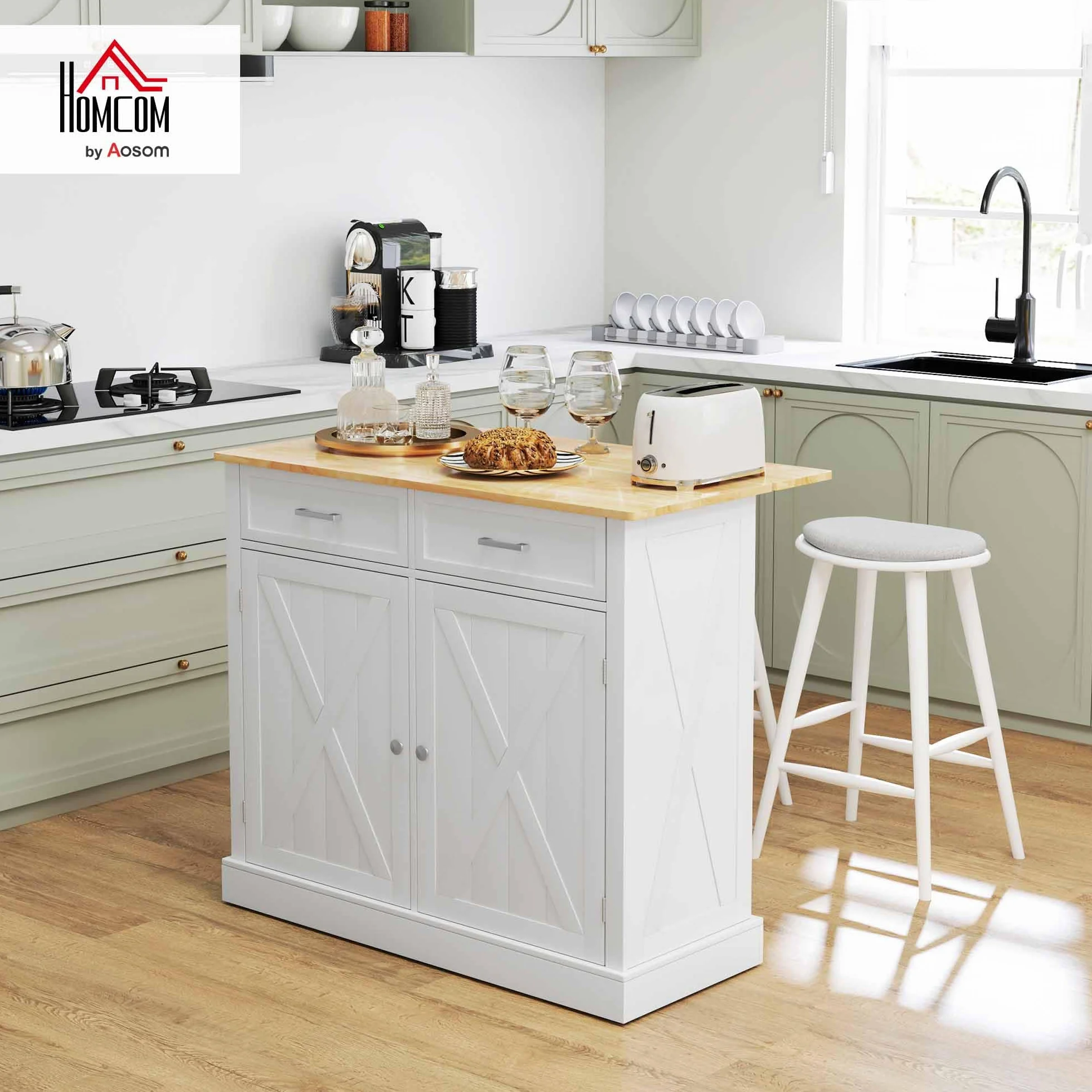 HOMCOM Isla de Cocina Carro de Cocina con Encimera de Madera Plegable 2 Puertas 2 Cajones Estante Ajustable y 4 Ruedas 105x60x90,5 cm Blanco