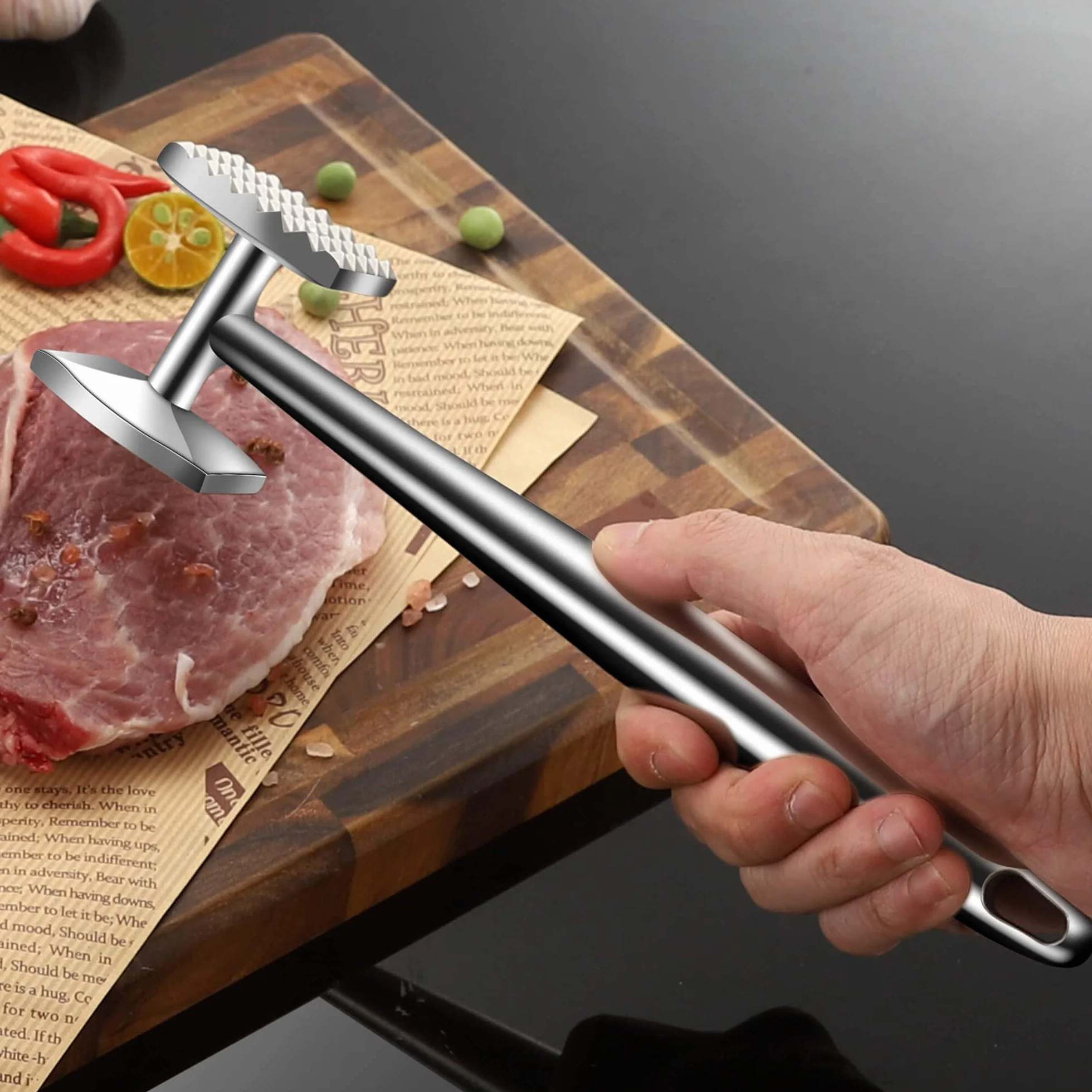 Aliglow Ablandador de Carne Acero Inoxidable 304 18/8 Martillo Cocina Profesional