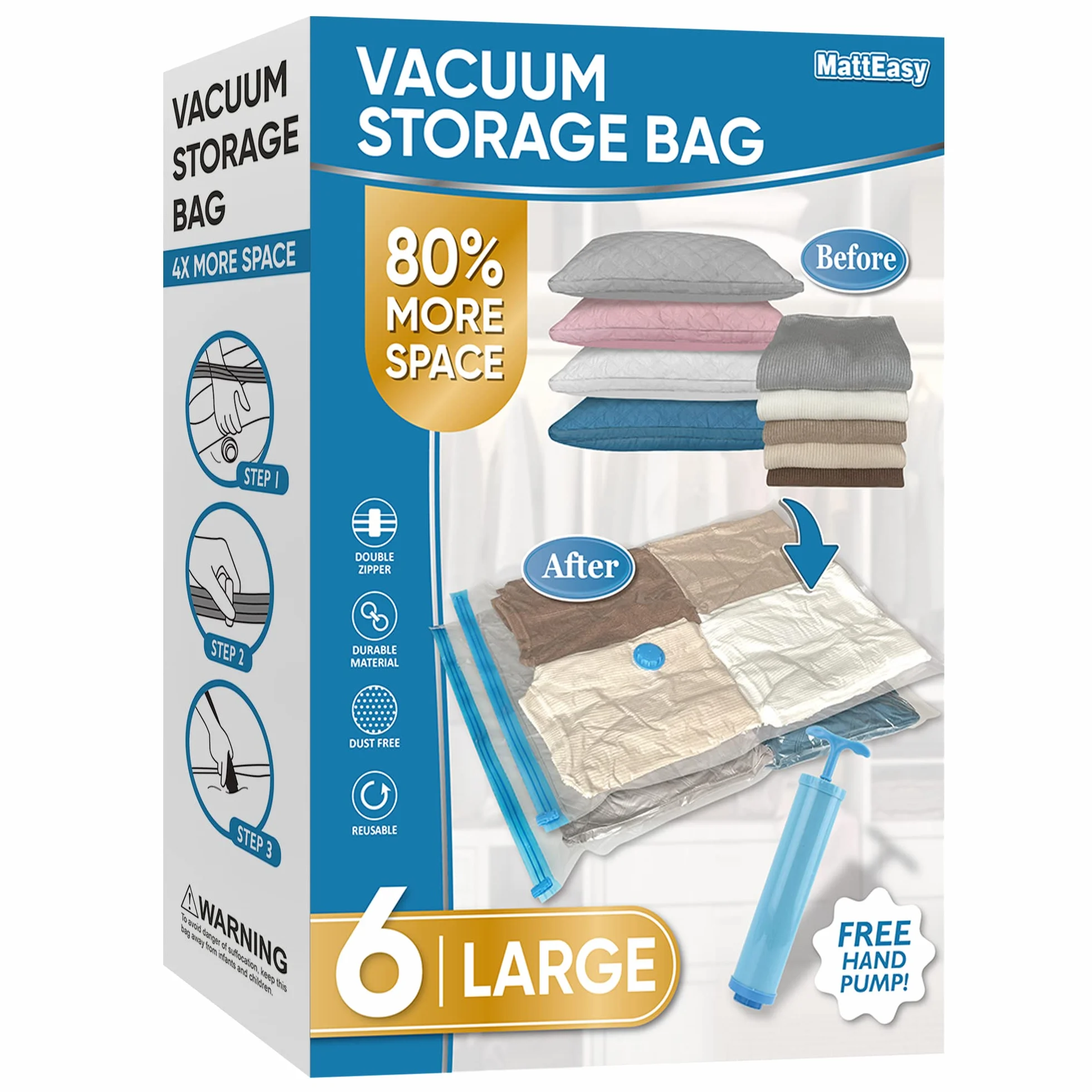 MattEasy - Bolsas de almacenamiento al vacío grandes para ahorrar espacio con bomba, bolsas de almacenamiento al vacío para ropa, edredones, mantas, ropa de cama (grande)