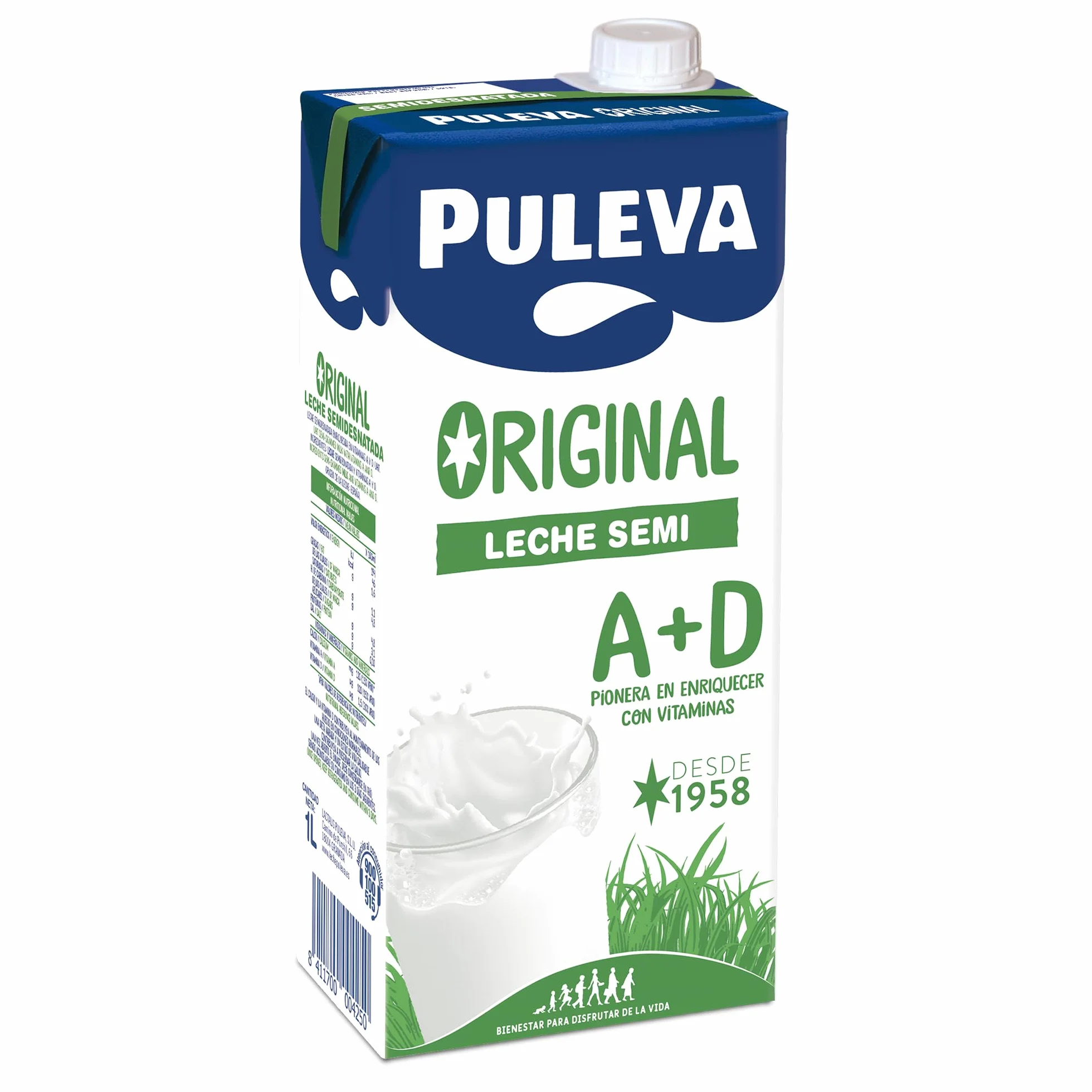 Puleva Original Leche Semidesnatada con Vitaminas A y D Sin Azúcar Añadido Sin Gluten Brik UHT Pack 6 x 1L