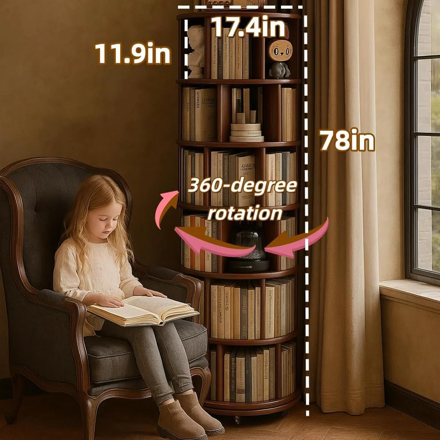 Estantería giratoria de rueda de madera maciza, estantería redonda de 6 pisos, torre de libros giratorios de madera de 360 °, estante de exhibición vertical de color nogal de rollo estrecho,197cm
