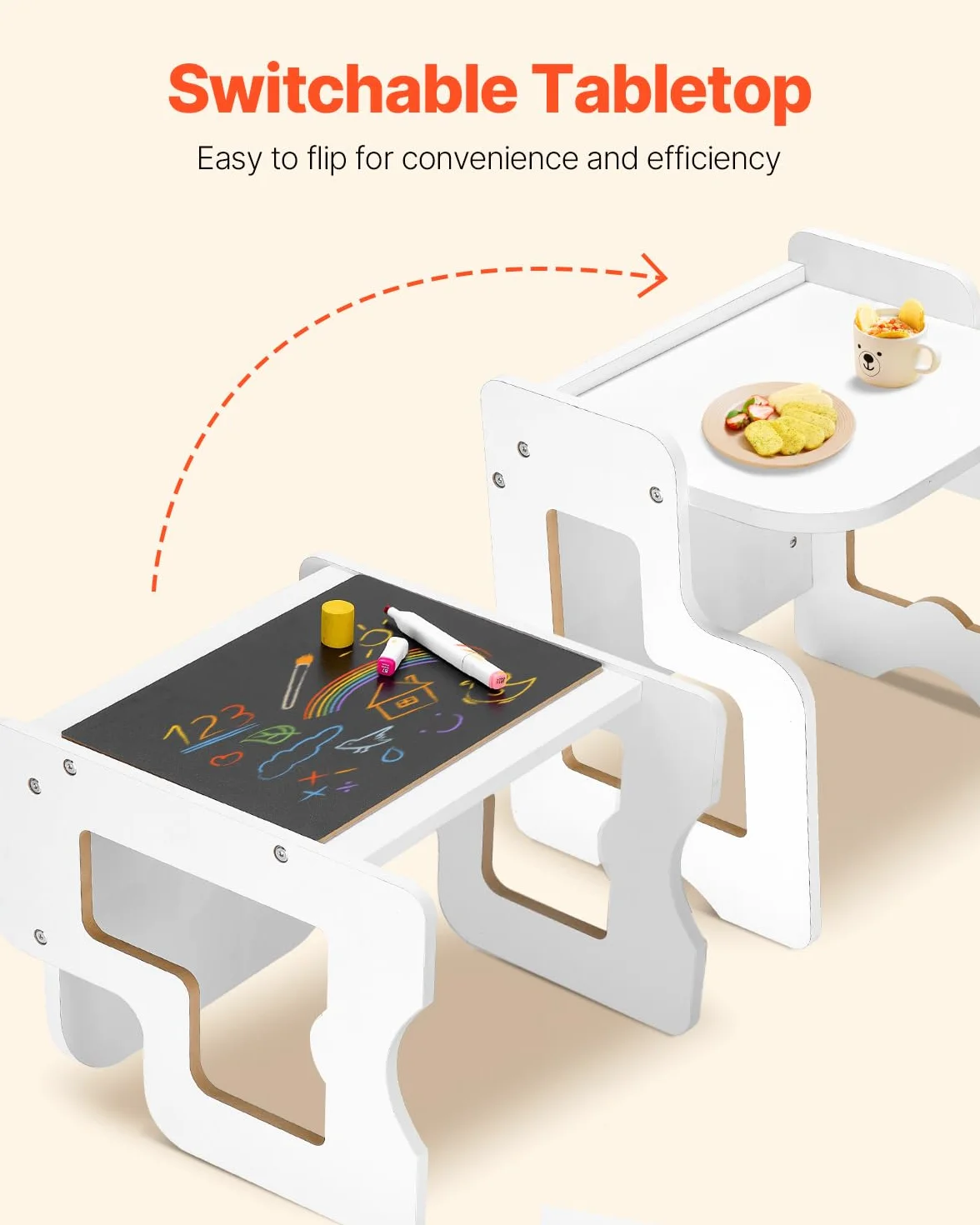 VEVOR 3 en 1 Juego de Mesa y Silla Montessori para Destete con Pizarra, Mesa Montessori de Altura Ajustable 380 x 316 x 400 mm para Leer, Dibujar, Comer y Jugar para Niños de 1 a 5 Años, Blanco