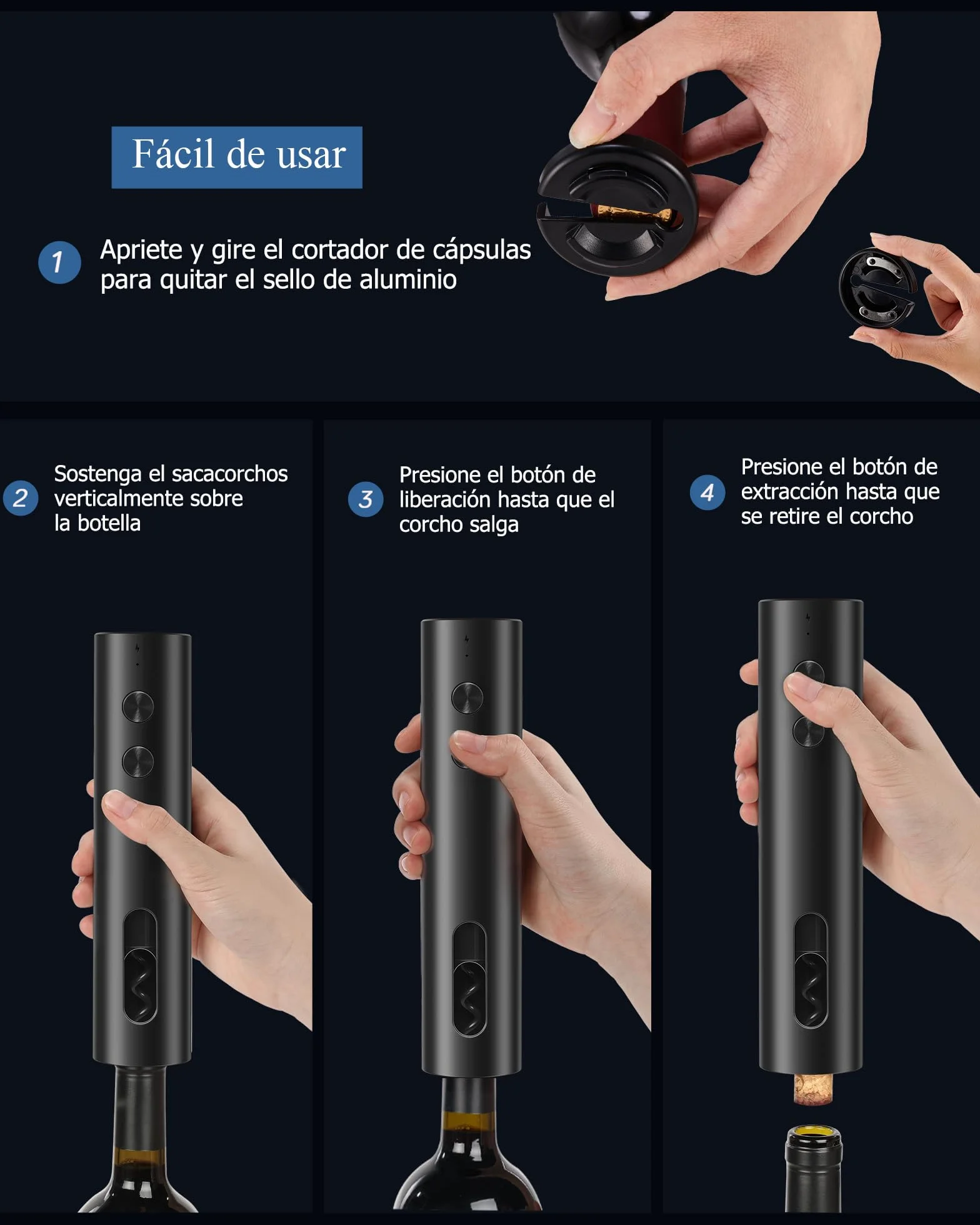 ZOYIDOUX Sacacorchos eléctrico Recargable – Abridor de Vino eléctrico Juego con Cortador de Papel y 2 Tapón de vacío y Vertedor USB, Regalo para Amantes del Vino