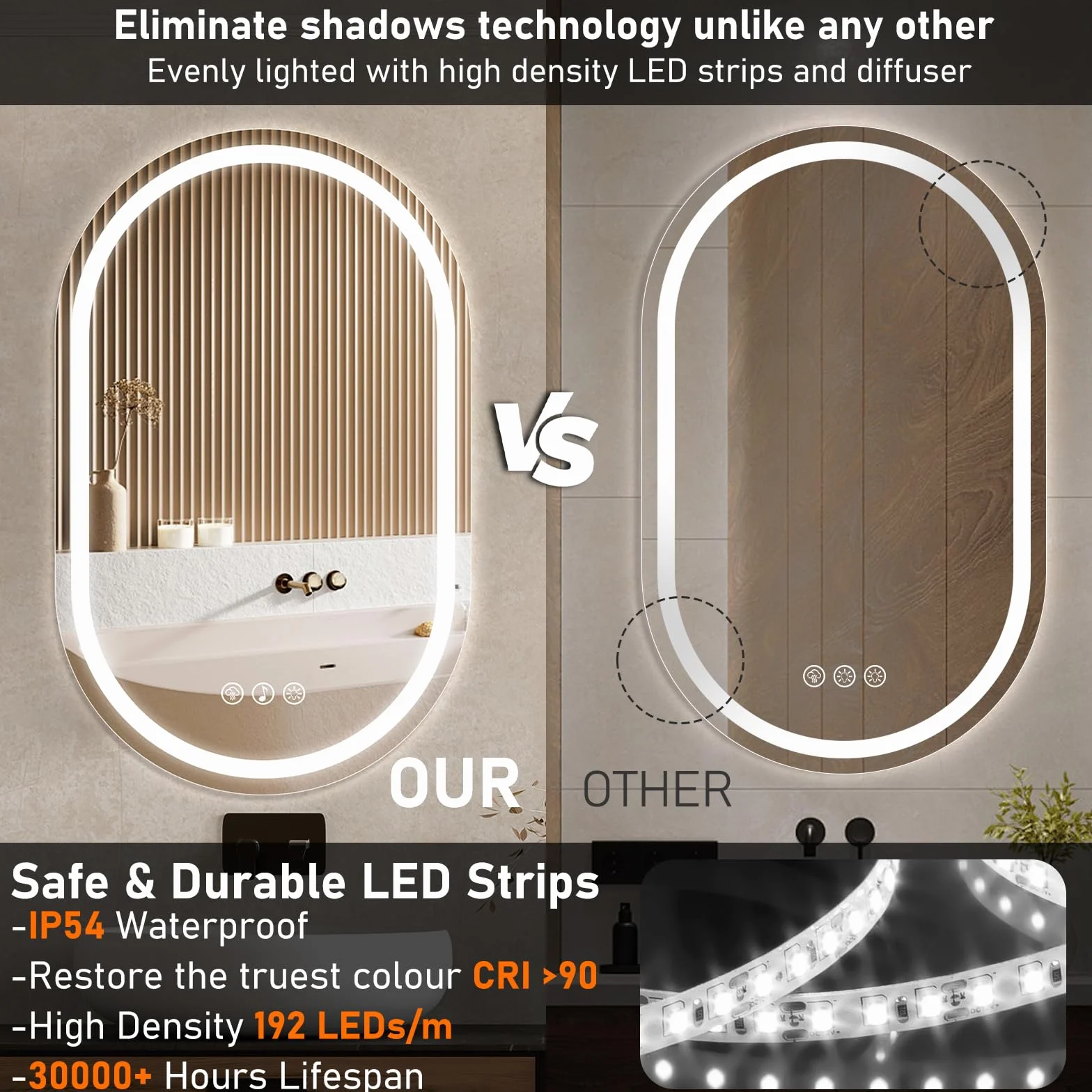 Ratsamee Bluetooth Espejo de Baño Ovalado con Luz 50x80cm, Espejos de Baño con LED con Antivaho, Regulable, 3 Colores Luz, Función Memoria