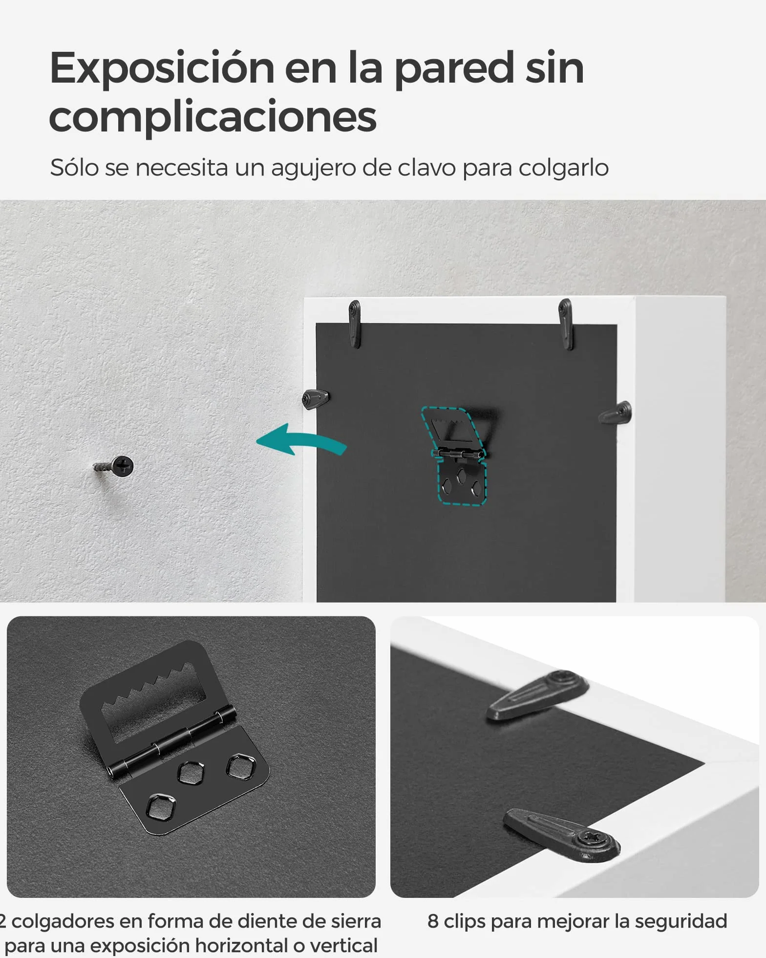 SONGMICS Marco de Fotos 3D con Pinzas, Alfileres, Reverso de Lino, Vidrio, MDF, Blanco RPF007W01