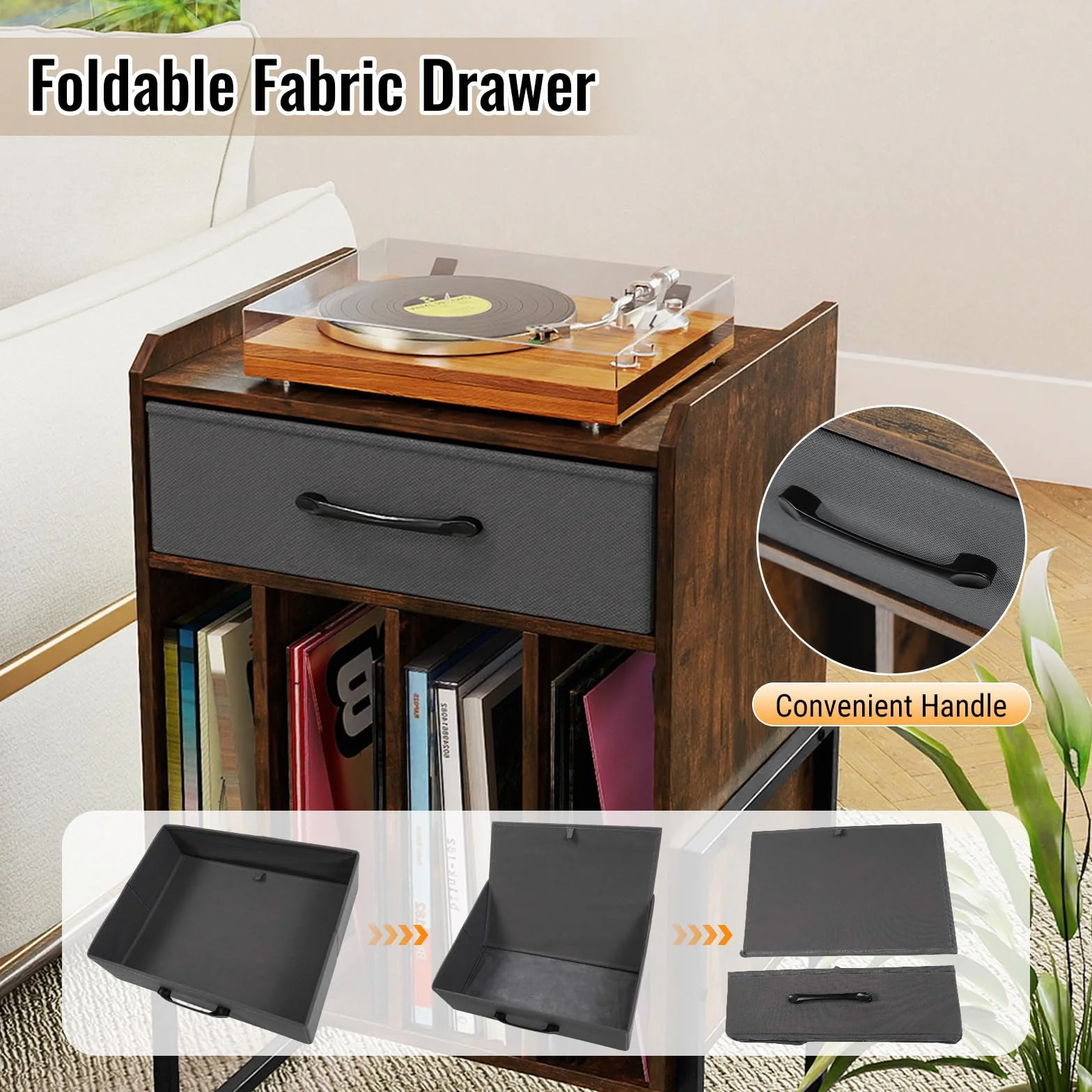 FANTASK Soporte para tocadiscos, estante para discos de vinilo con cajón de tela plegable, 4 compartimentos, hasta 160 álbumes, estilo vintage