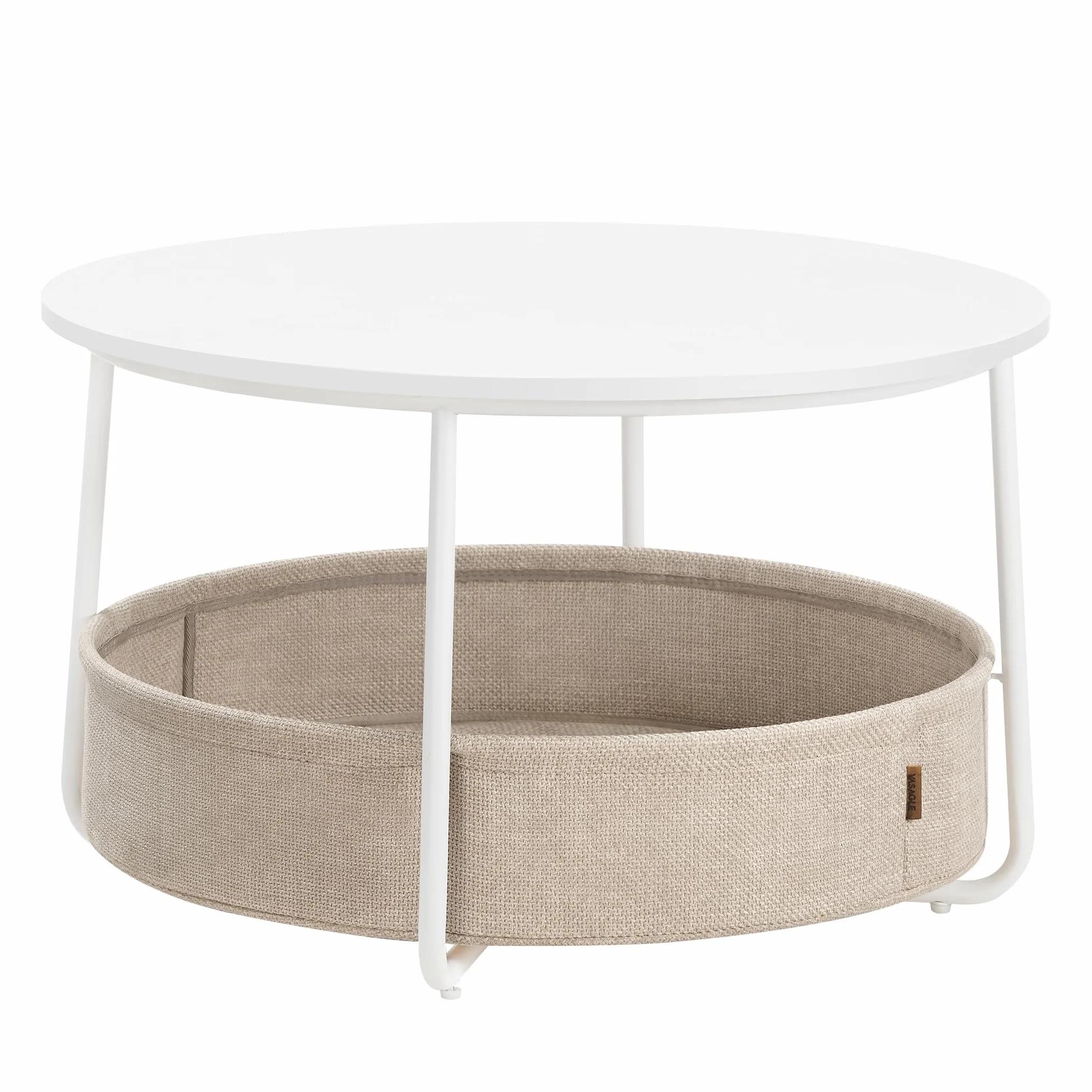 VASAGLE Mesa de Centro Redonda con Almacenamiento, Mesa de salón con Cesta de Tela, Estilo Moderno, Marco de Metal, Blanco Mate y marrón Camel LCT244W10