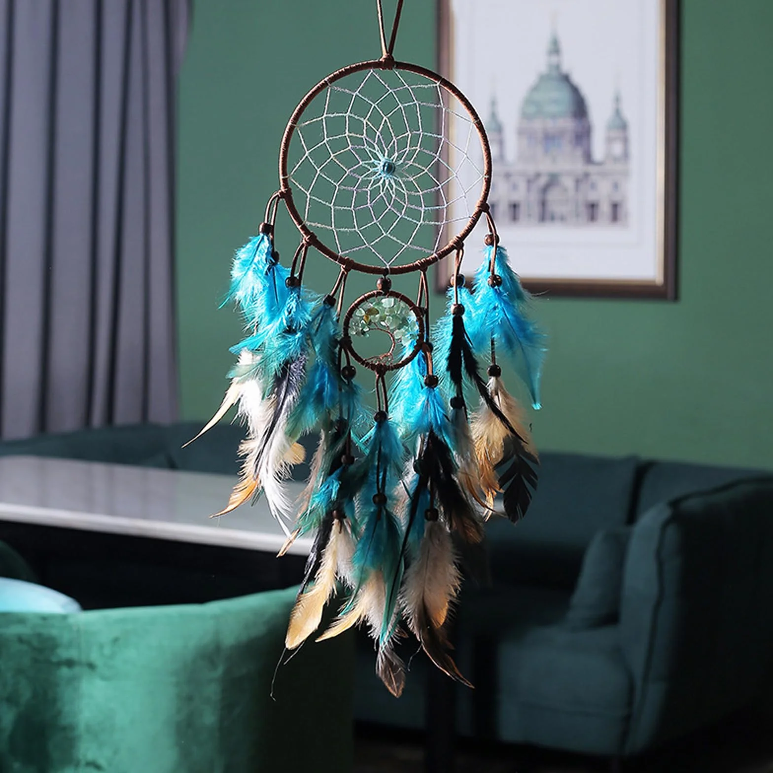 Pluma, atrapasueños, atrapasueños hecho a mano, hecho a mano, para colgar en la pared, decoración del hogar, adornos, artesanía