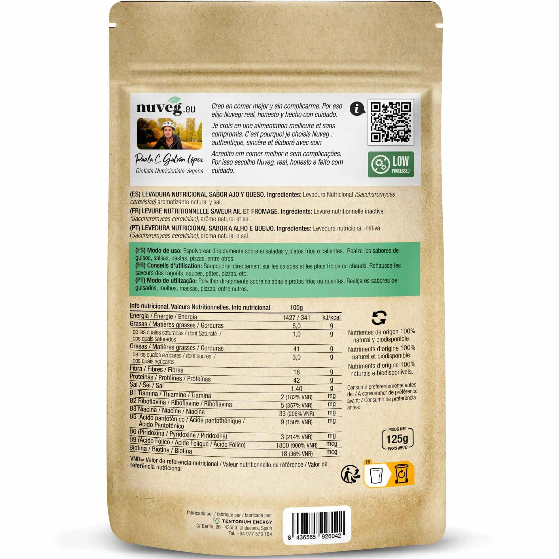 NUVEG Levadura Nutricional Sabor Queso y Ajo, Levadura Nutritiva en Copos, Rica en Vitamina B y Proteínas 42%, Sin Gluten, Pack 2, 250g