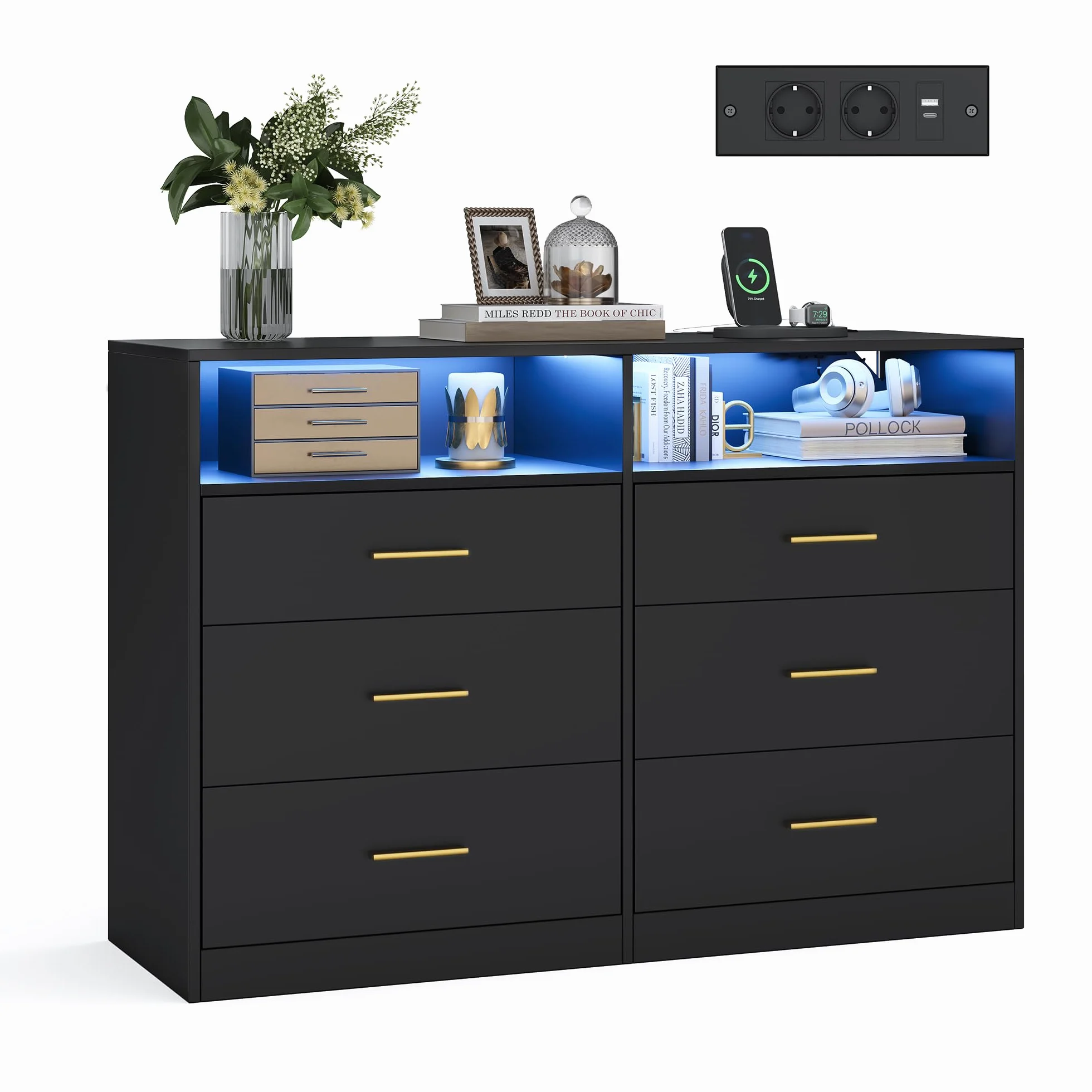 VASAGLE Custos Colección - Cómoda para Dormitorio, con LED y Regleta de Enchufes, Mueble Moderno para TV de Salón, 6 Cajones, 40 x 119 x 81,2 cm, Negro Tinta LTS316BC01
