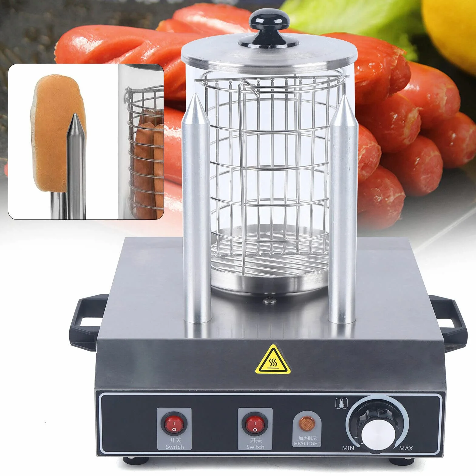 Profesional eléctrico calentador de salchichas con 2 pinchos, para restaurante
