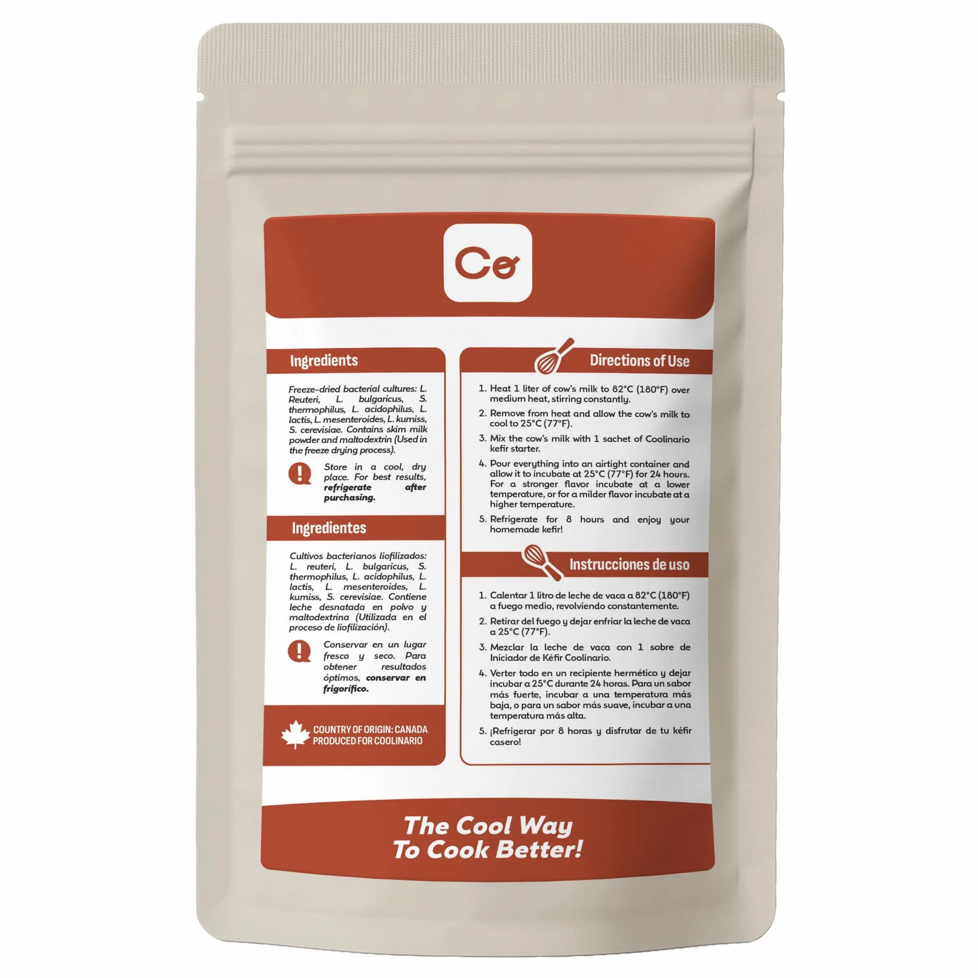 Coolinario Cultivo Iniciador de Kefir con L Reuteri 5 Sobres 1.5g Fermentos Probióticos Lactobacillus Reuteri Cremoso Ácido Sin OGM